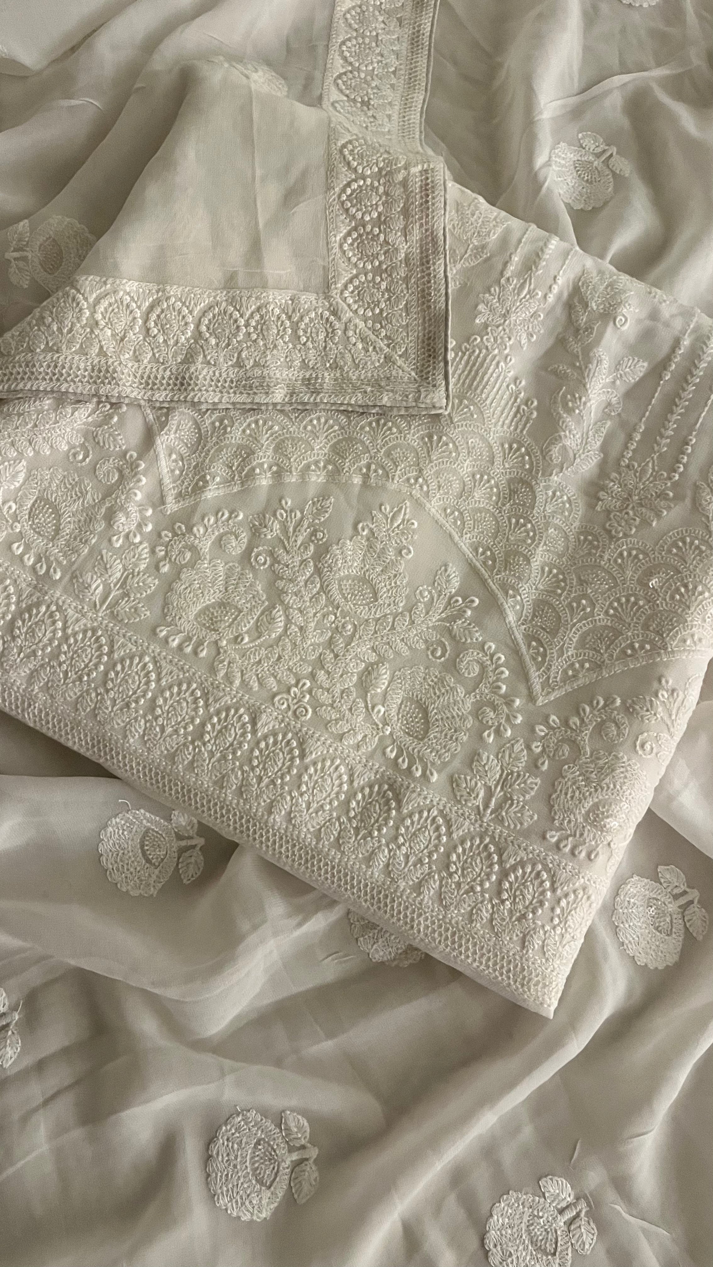 PURE WHITE LUCKNOWI CHIKANKARI UNSTITCHED SUIT SET
