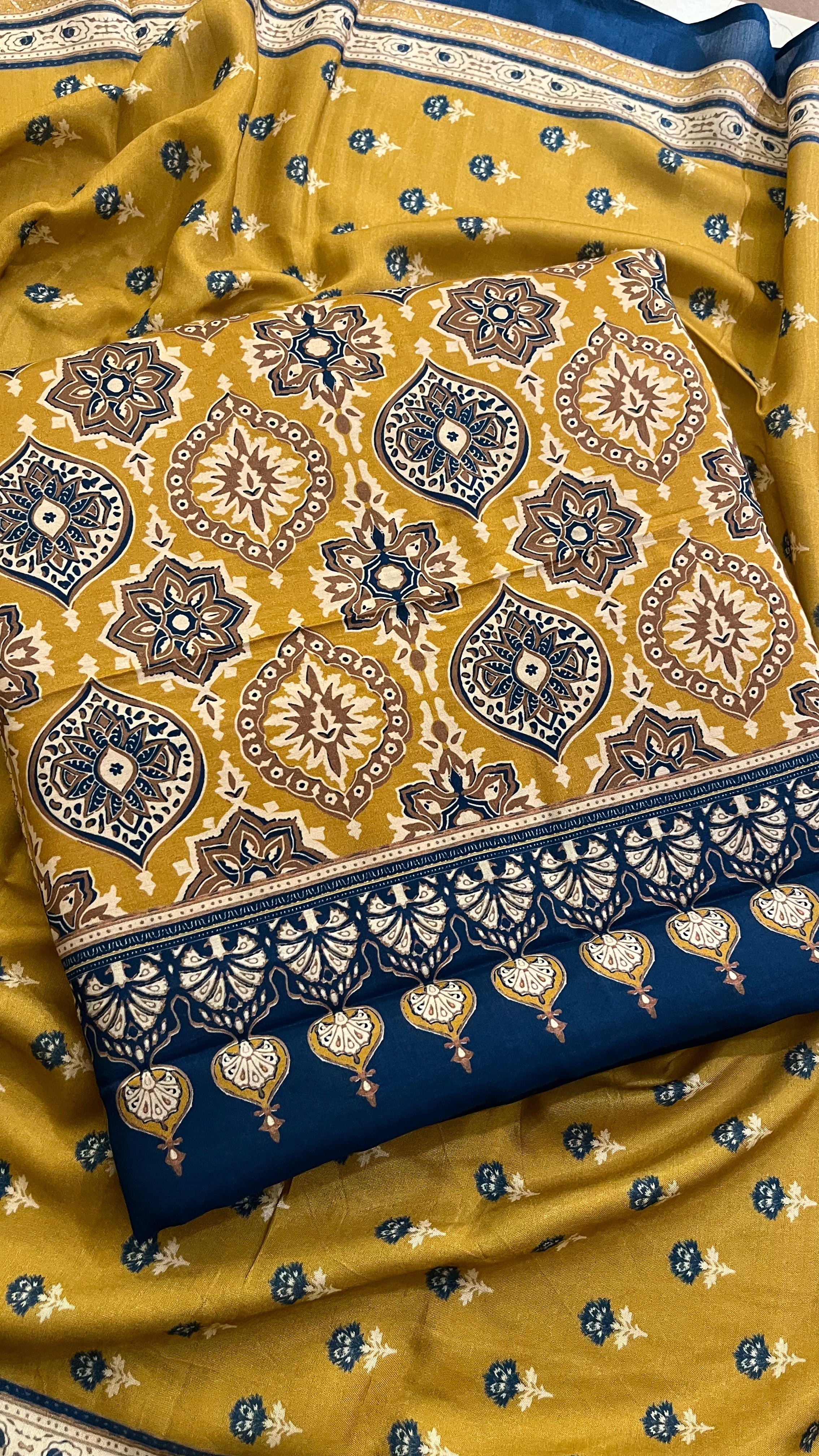 STYLISH MUSTARD PRINTED UNSTITCHED SUIT SET