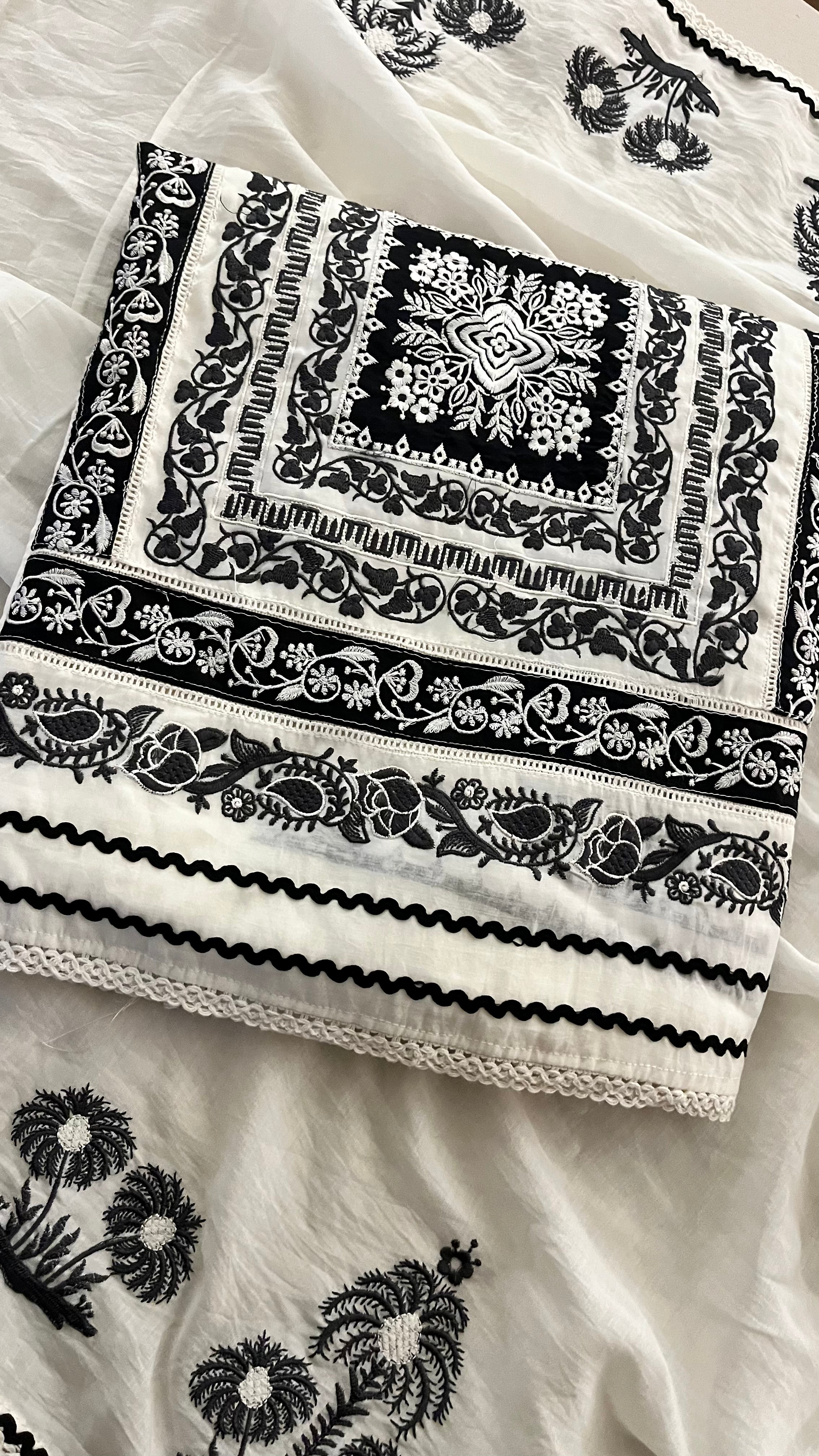 PREMIUM WHITE & BLACK EMBROIDERED UNSTITCHED SUIT SET