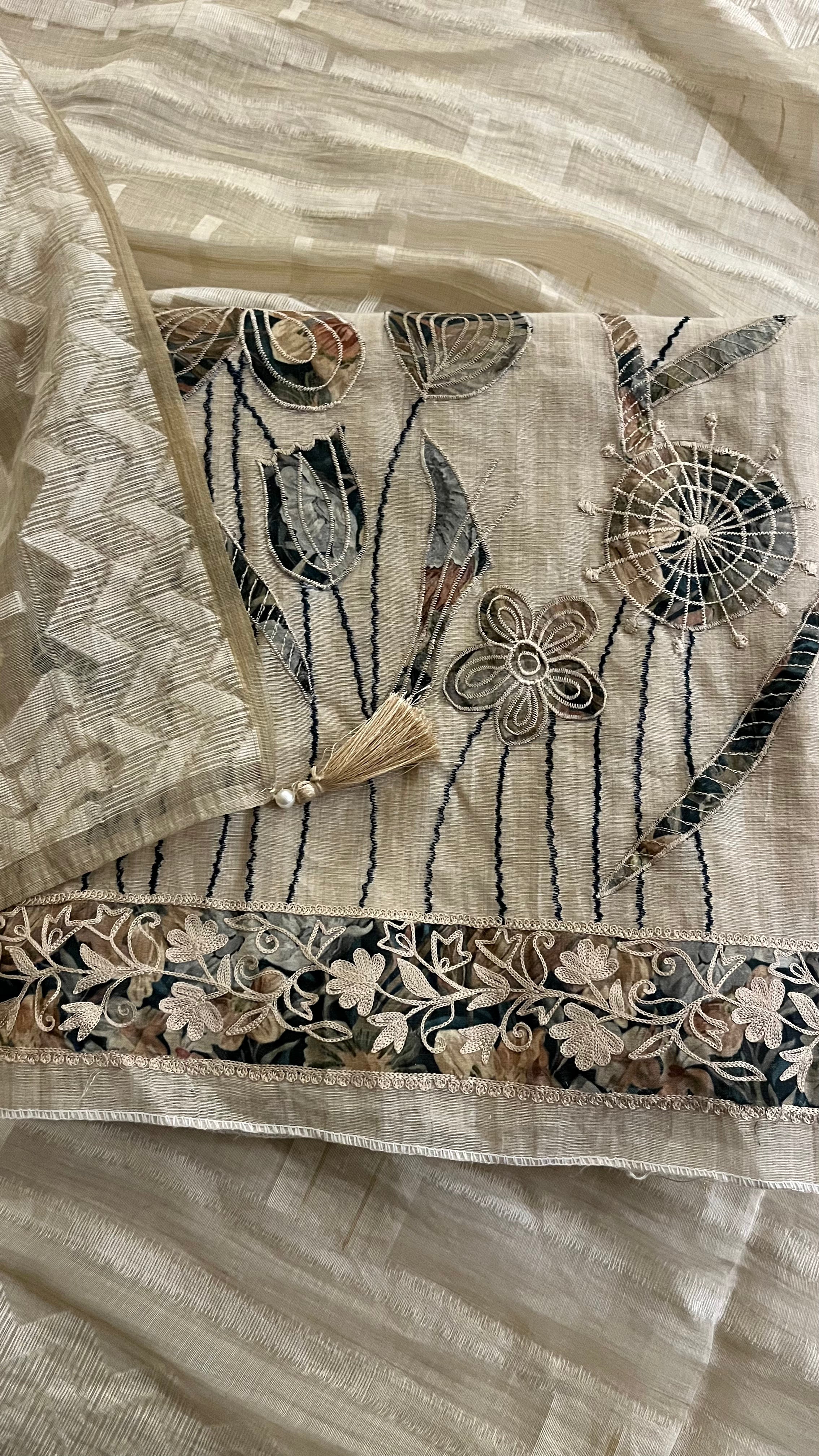 ARTISTIC APPLIQUE EMBROIDERED BEIGE SUIT SET