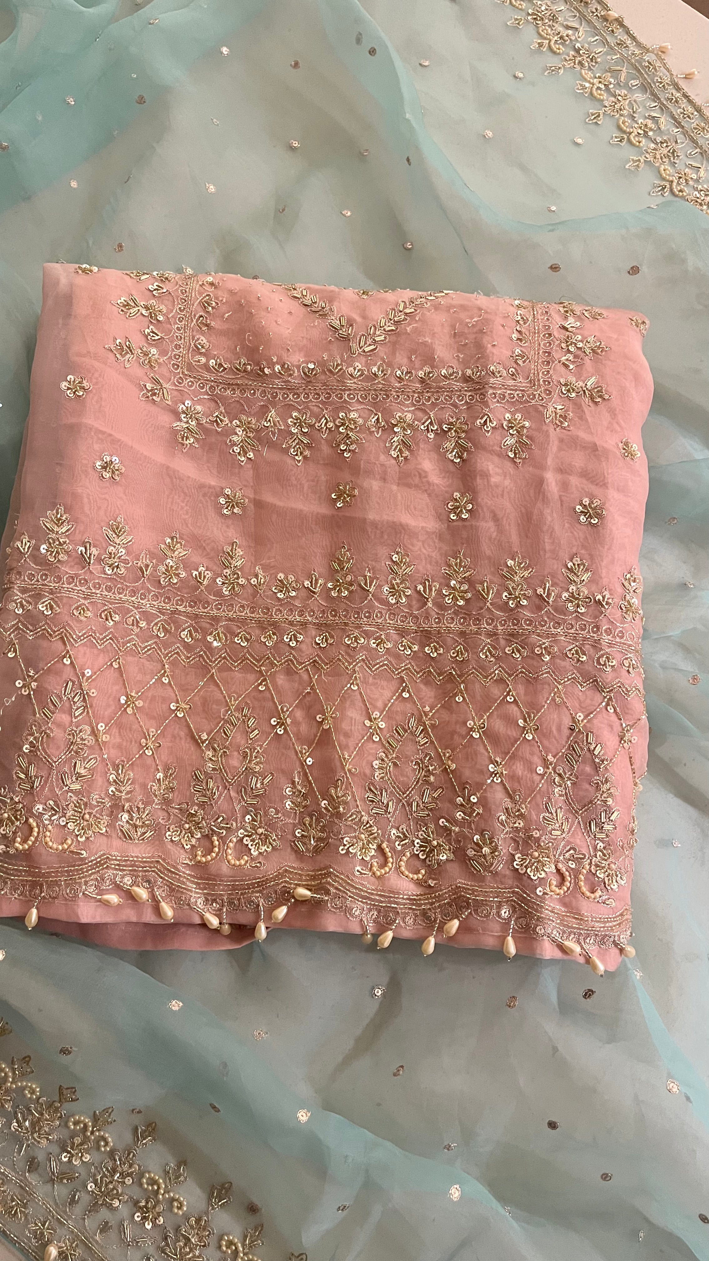 HEAVY GOLD EMBROIDERED PINK & BLUE SUIT SET