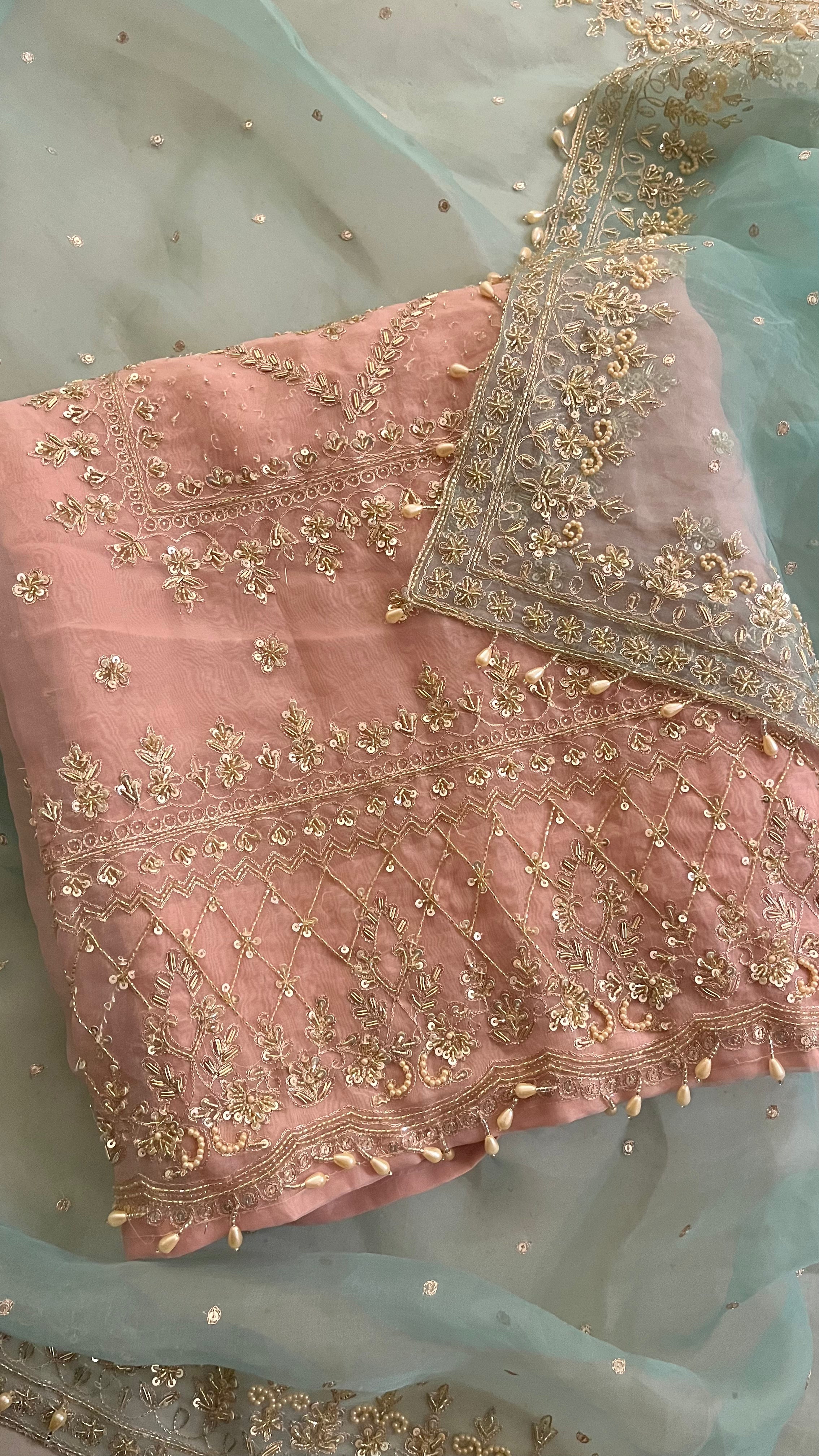 HEAVY GOLD EMBROIDERED PINK & BLUE SUIT SET