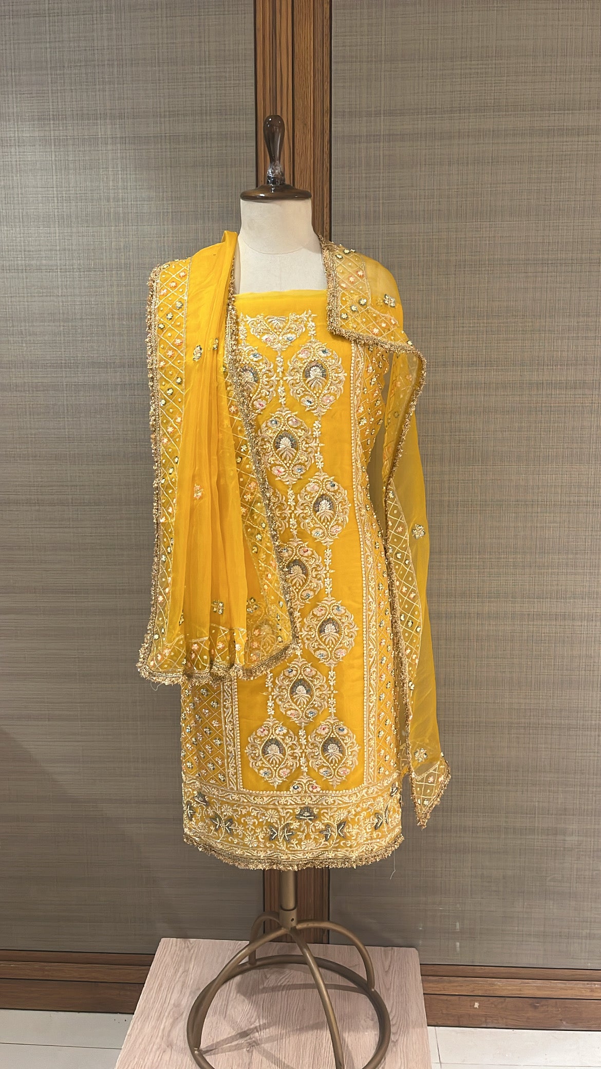 Mustard Organza Suit with Sequins, Tilla, and Floral Embroidery