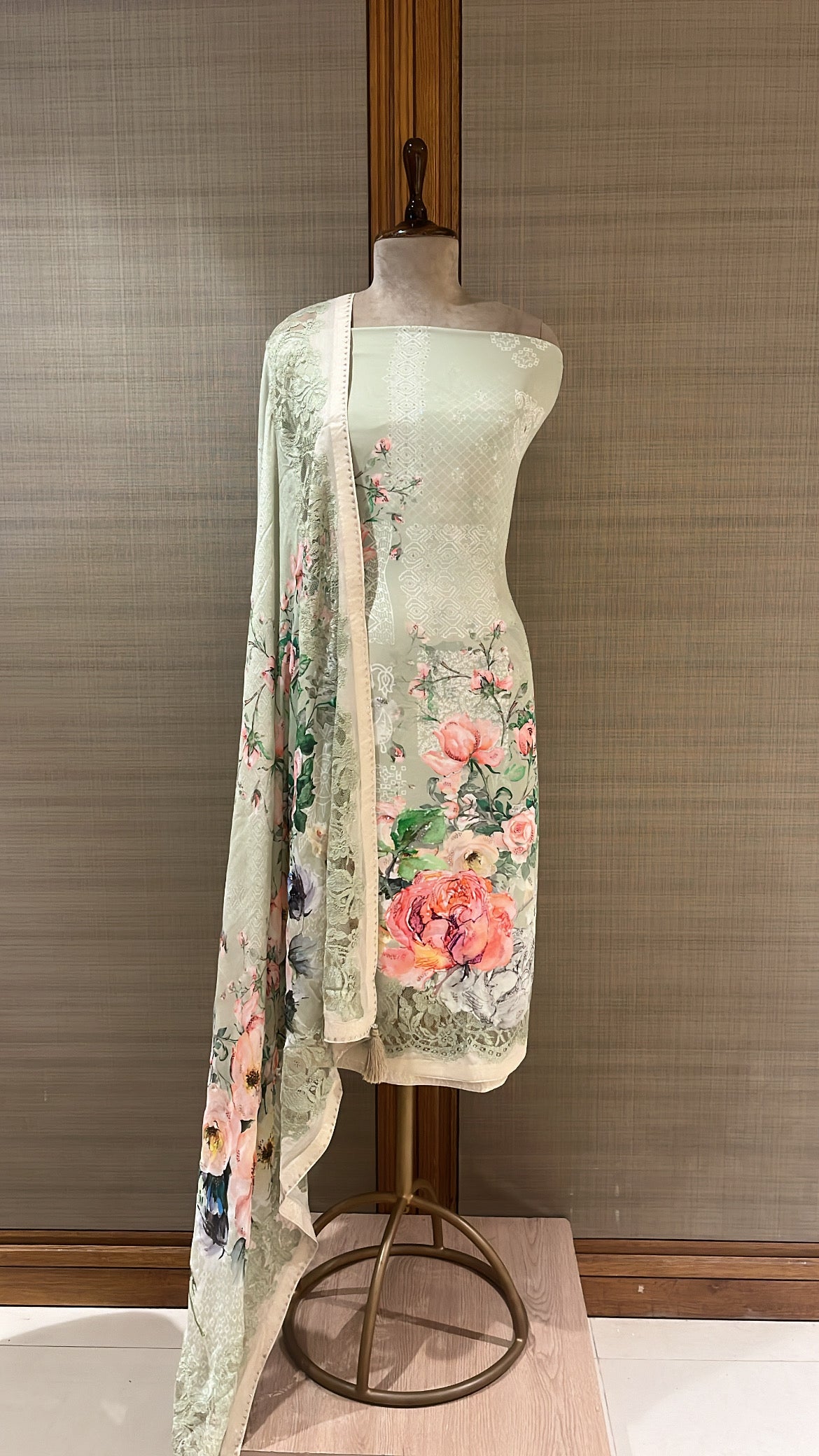 Sea Green Crape Suit with Swarovski Embroidery and Digital Prints