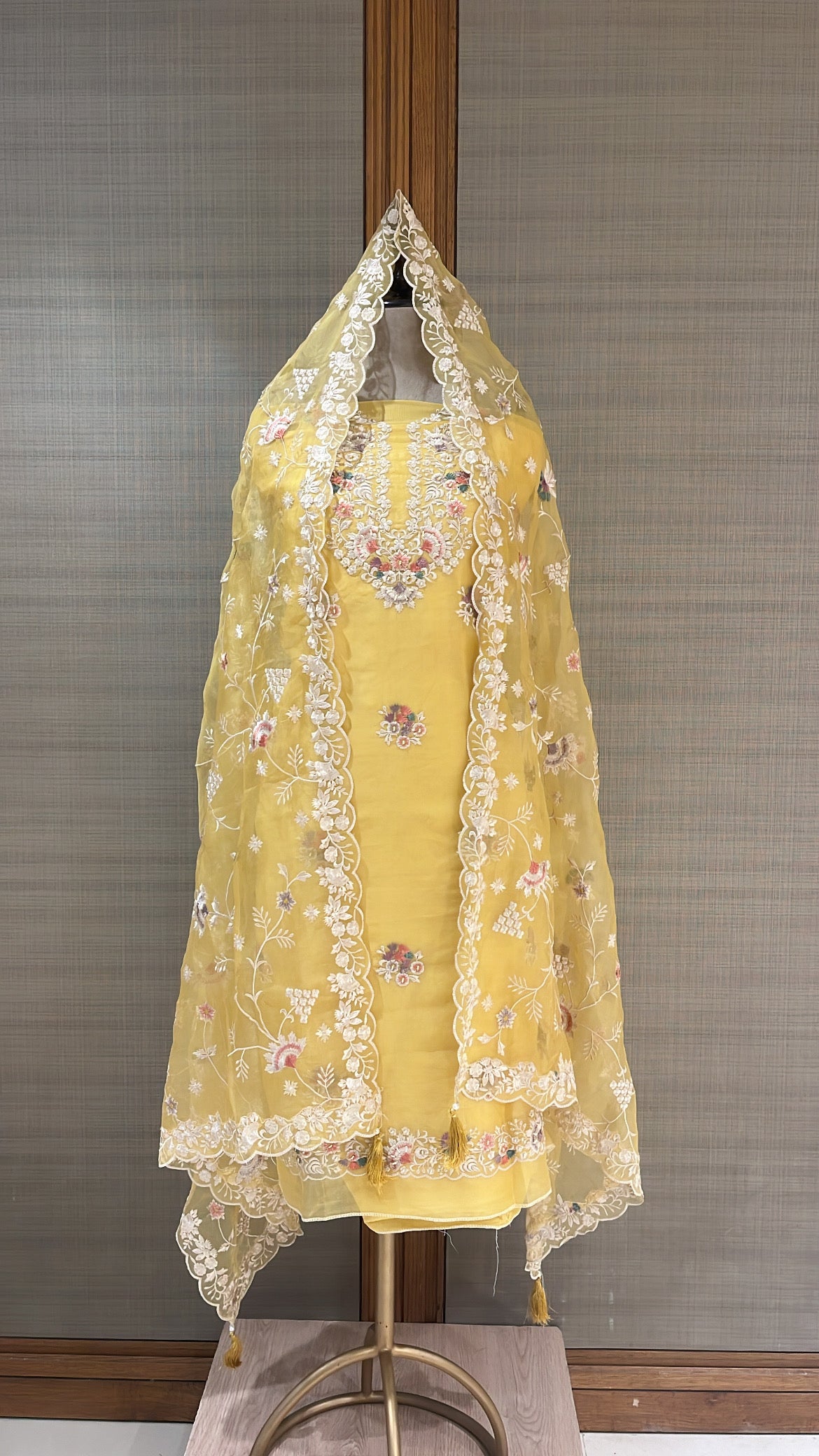 Lemon Yellow Chiffon Organza Suit with Colorful Embroidery and Pearl Accents