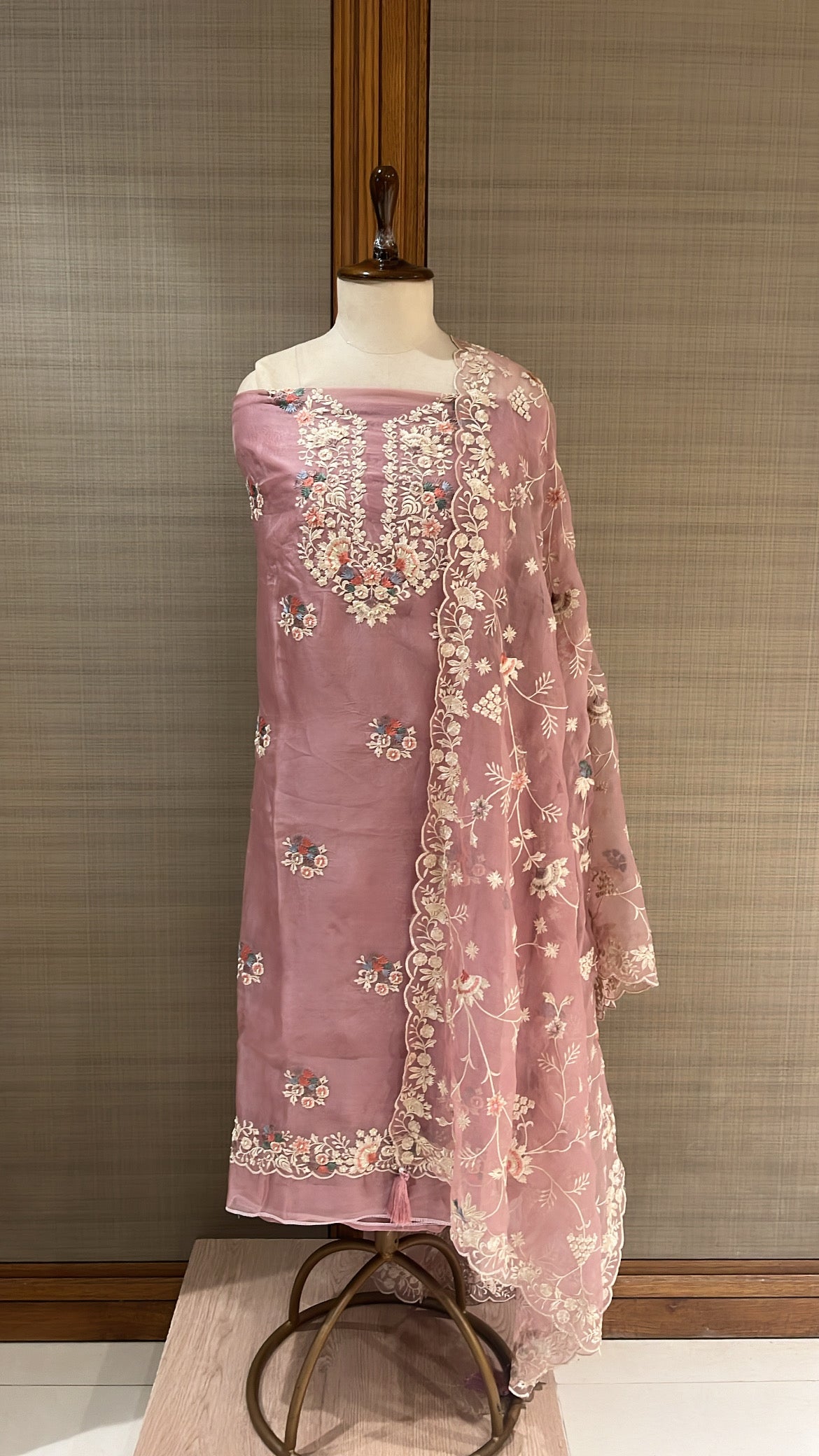 Dusty Pink Chiffon Organza Suit with Vibrant Embroidery and Pearl Accents
