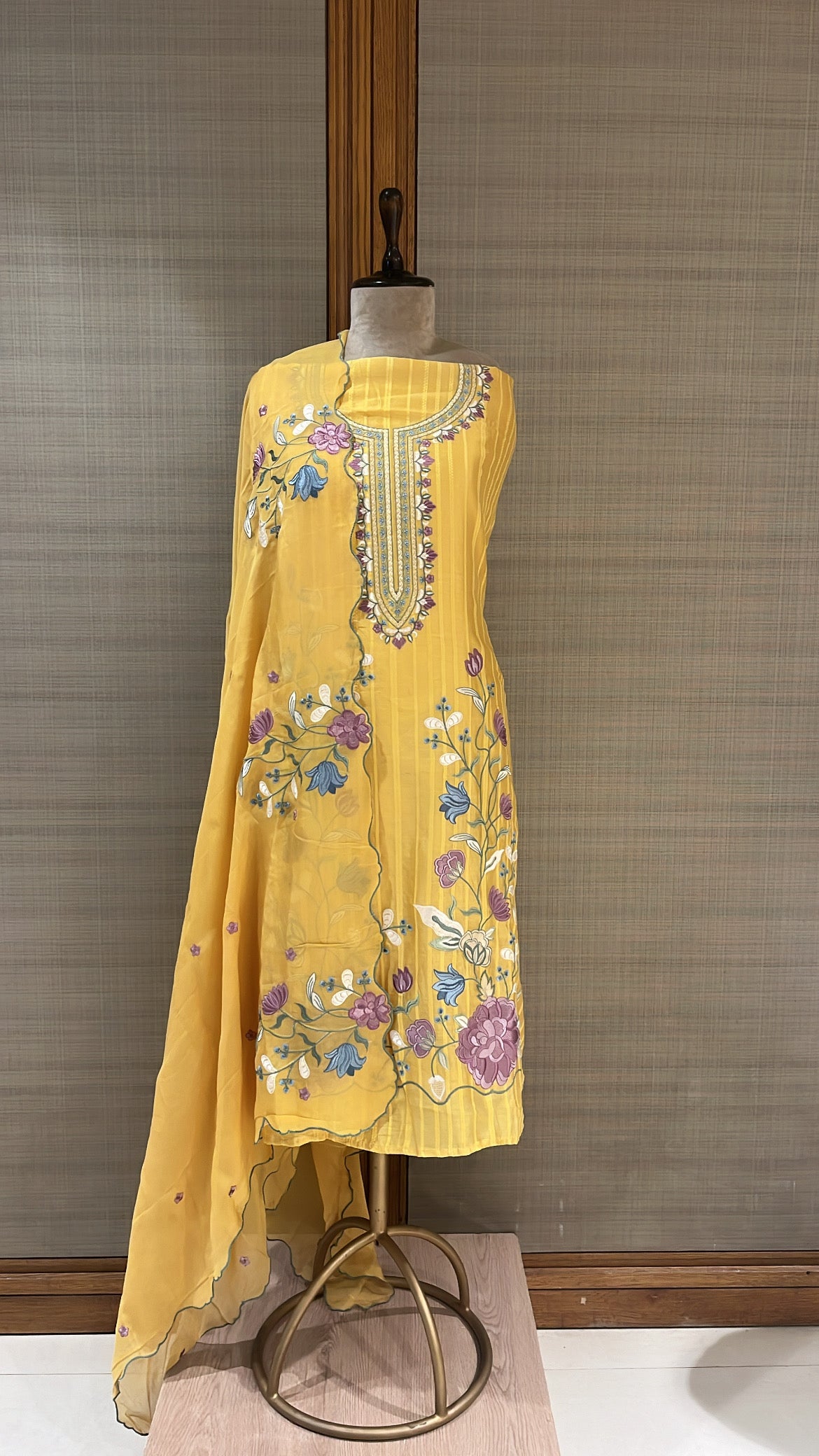 Yellow Chiniya Silk Suit with Colorful Embroidery and Chiffon Dupatta