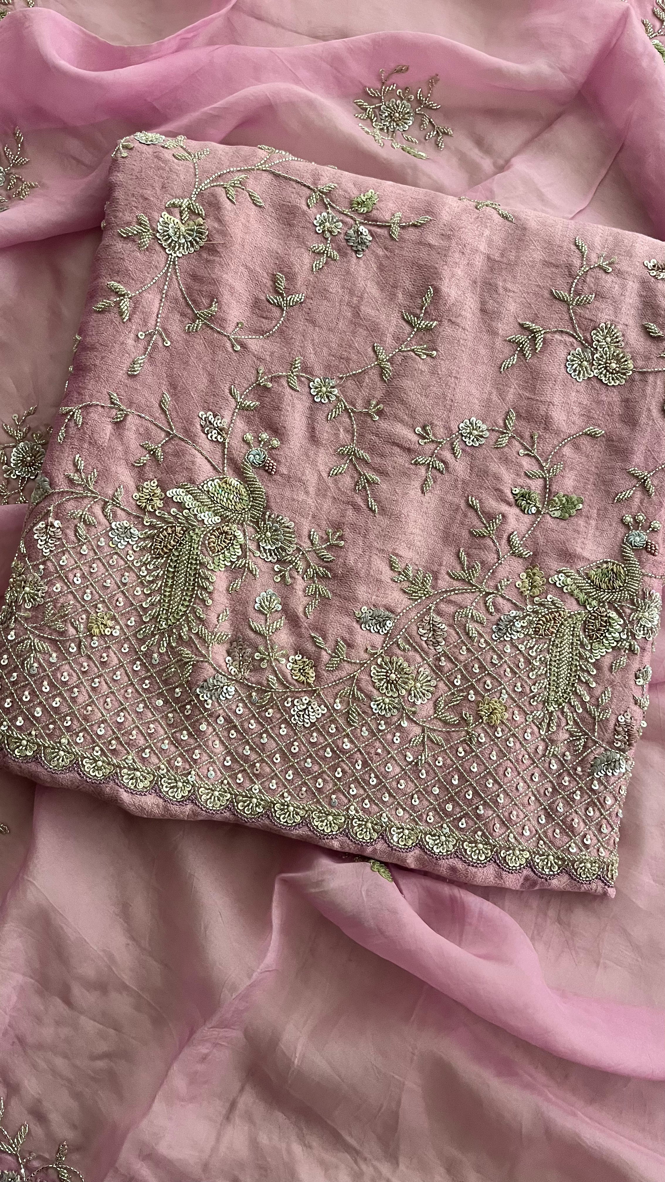 PINK EMBROIDERED ORGANZA UNSTITCHED SUIT SET