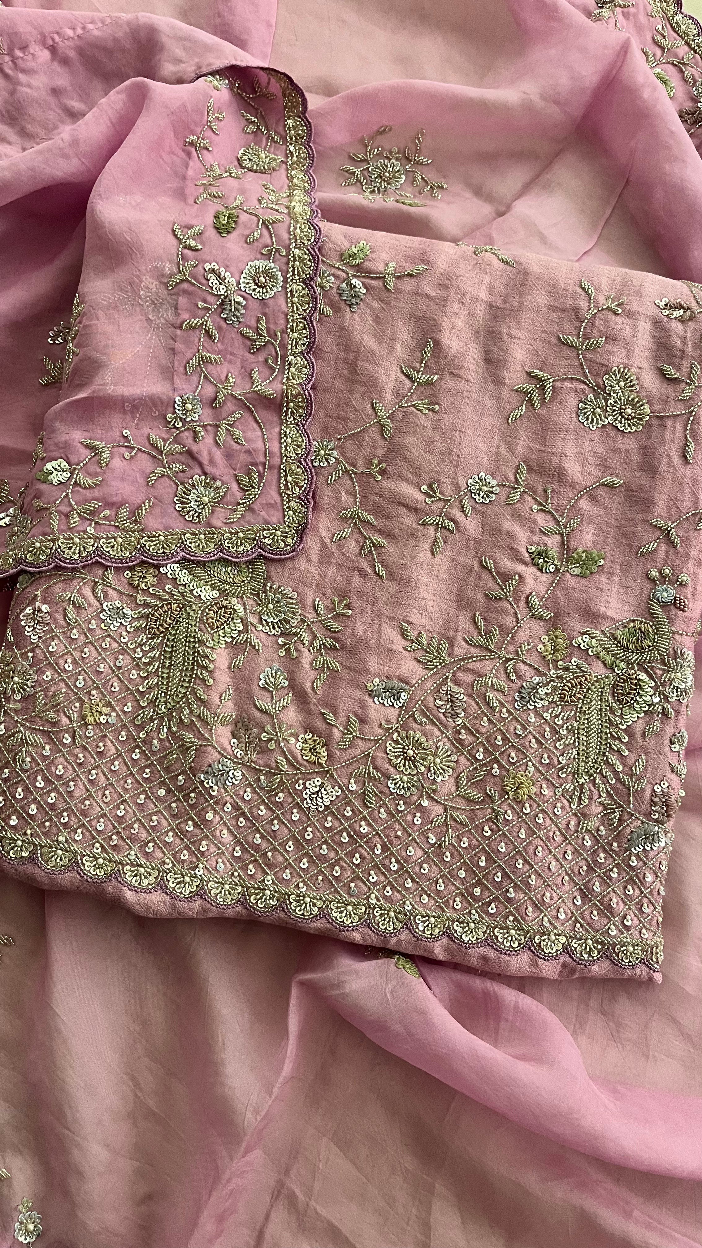 PINK EMBROIDERED ORGANZA UNSTITCHED SUIT SET