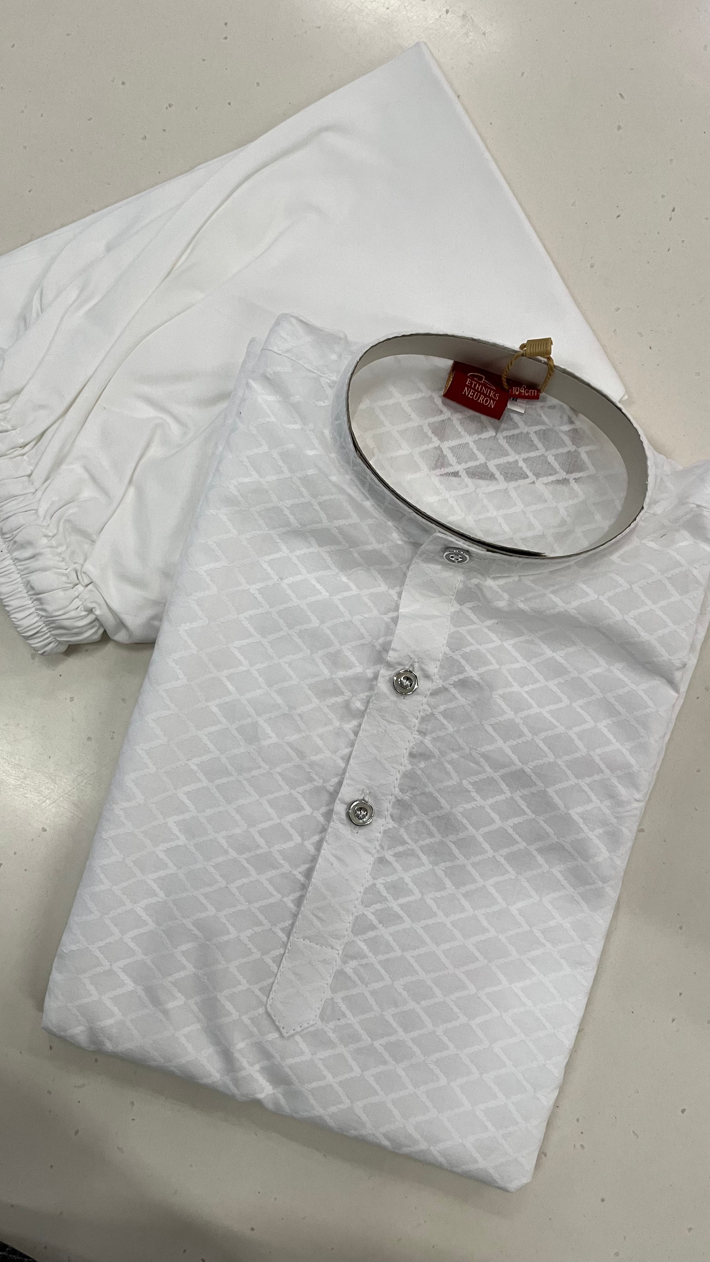 KIDS WHITE COTTON SELF-DESIGN KURTA PAJAMA SET