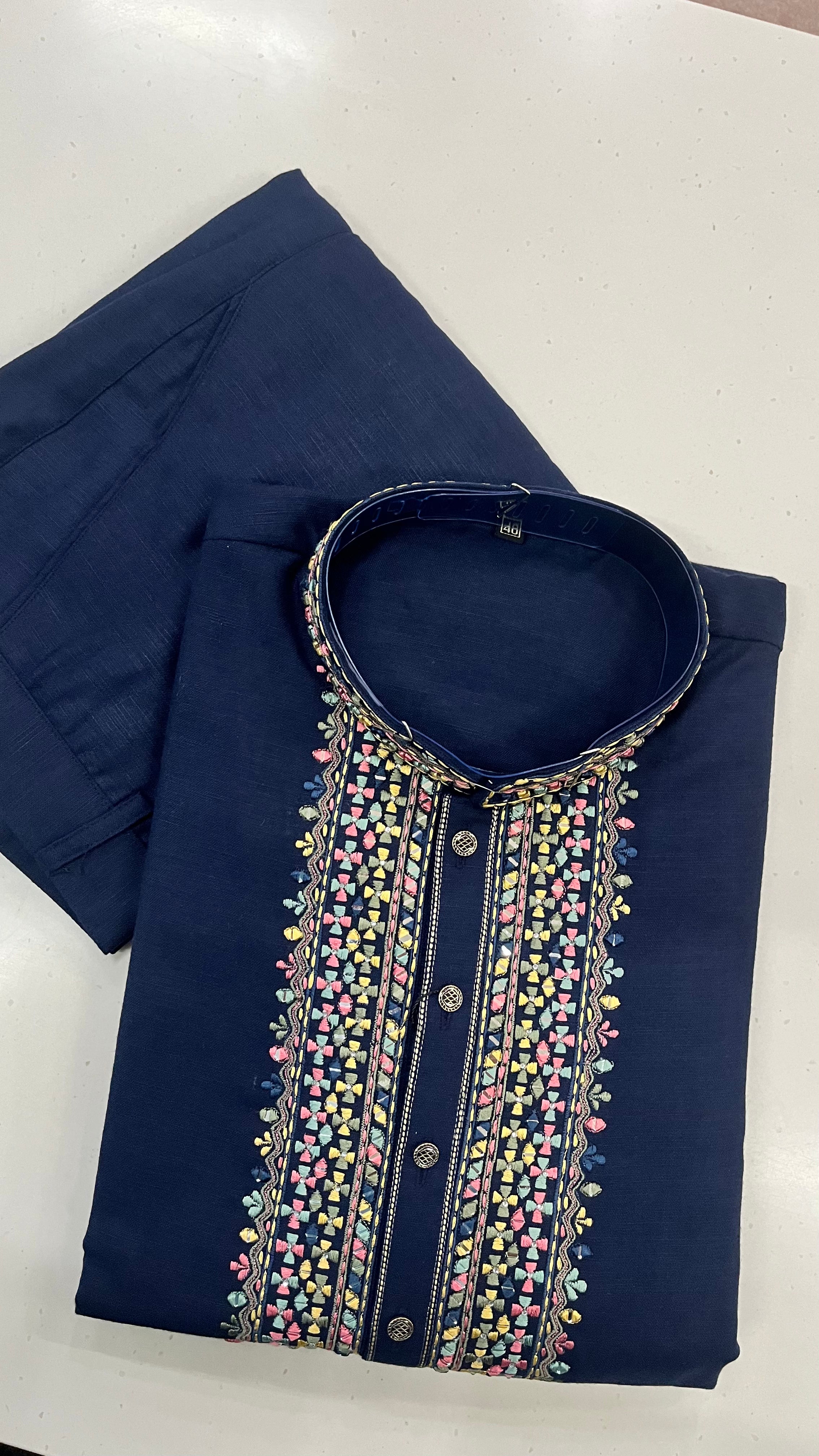 MEN'S NAVY BLUE EMBROIDERED COTTON KURTA PAJAMA SET
