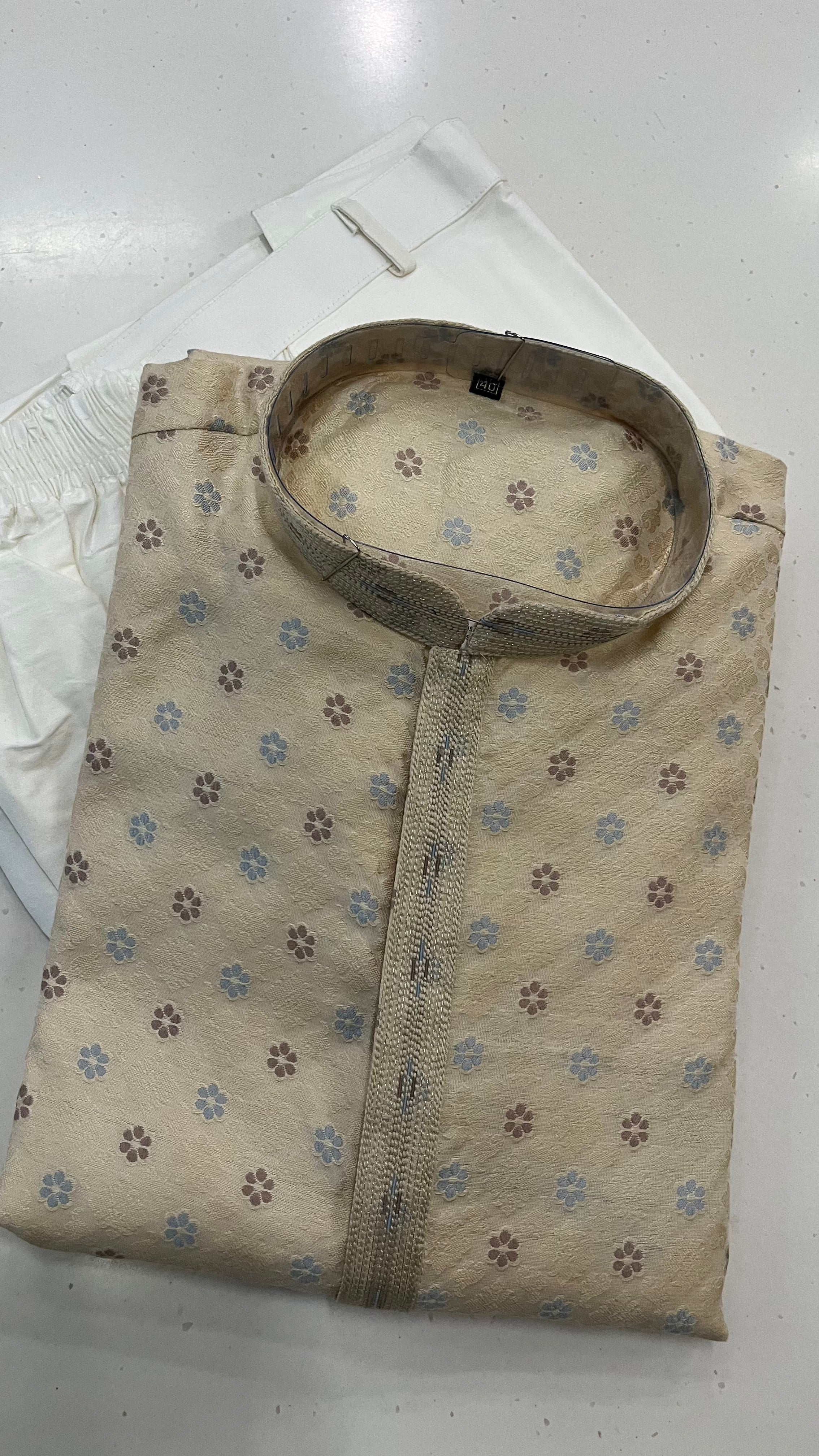 MEN'S CREAM FLORAL PRINTED COTTON KURTA PAJAMA SET