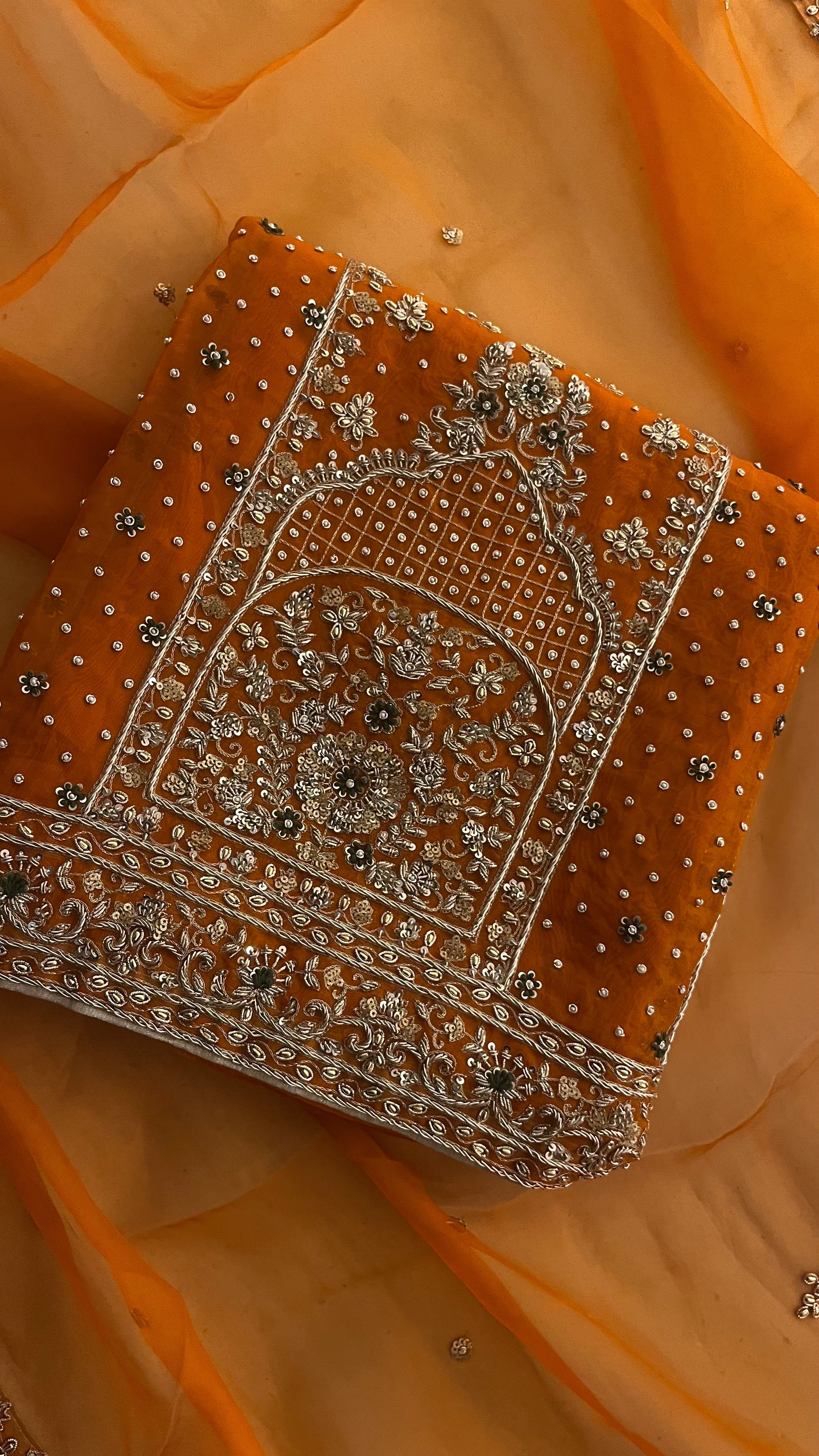 WOMEN'S ORANGE GEORGETTE HEAVY EMBROIDERED UNSTITCHED SUIT SET