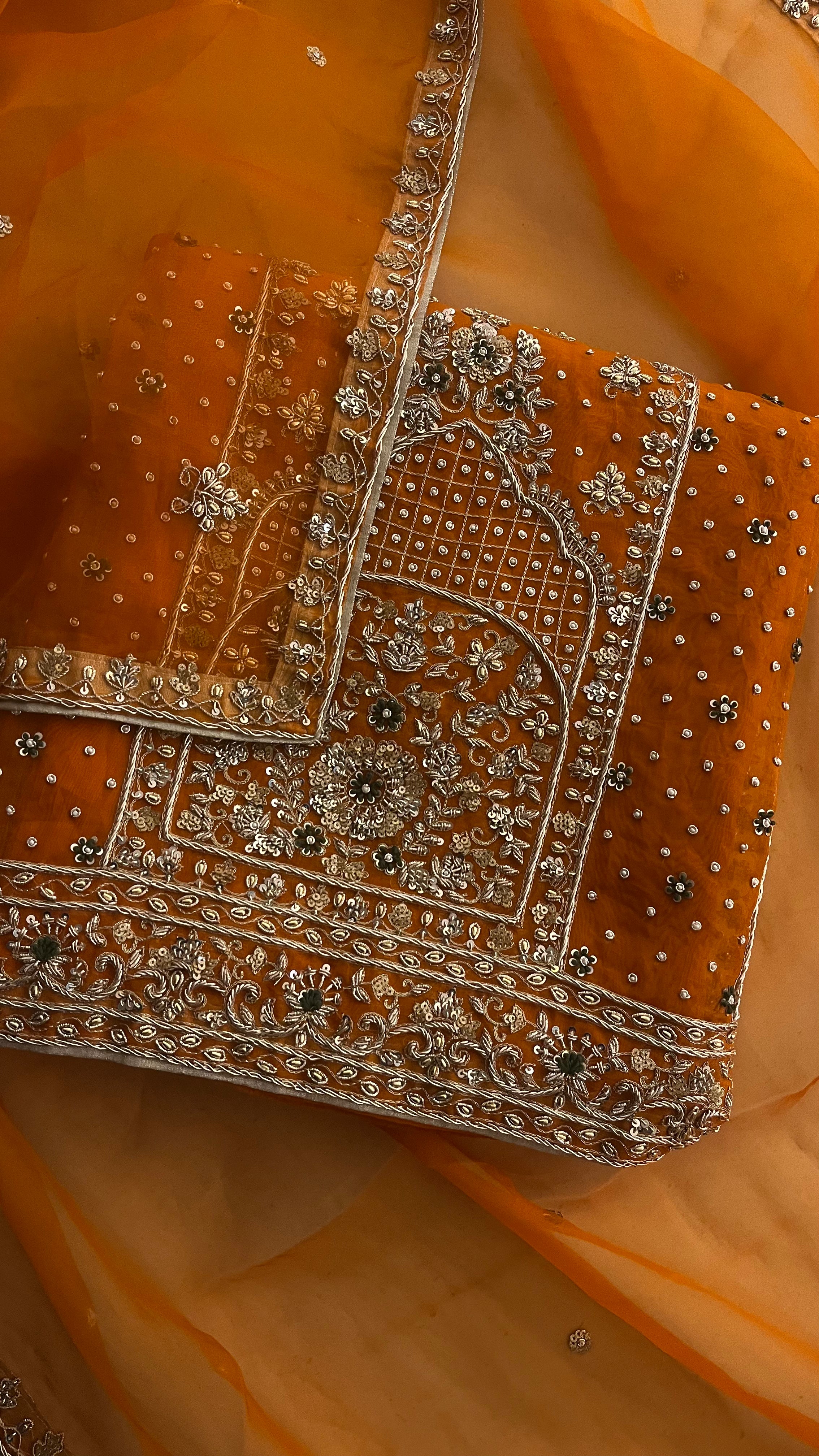 WOMEN'S ORANGE GEORGETTE HEAVY EMBROIDERED UNSTITCHED SUIT SET