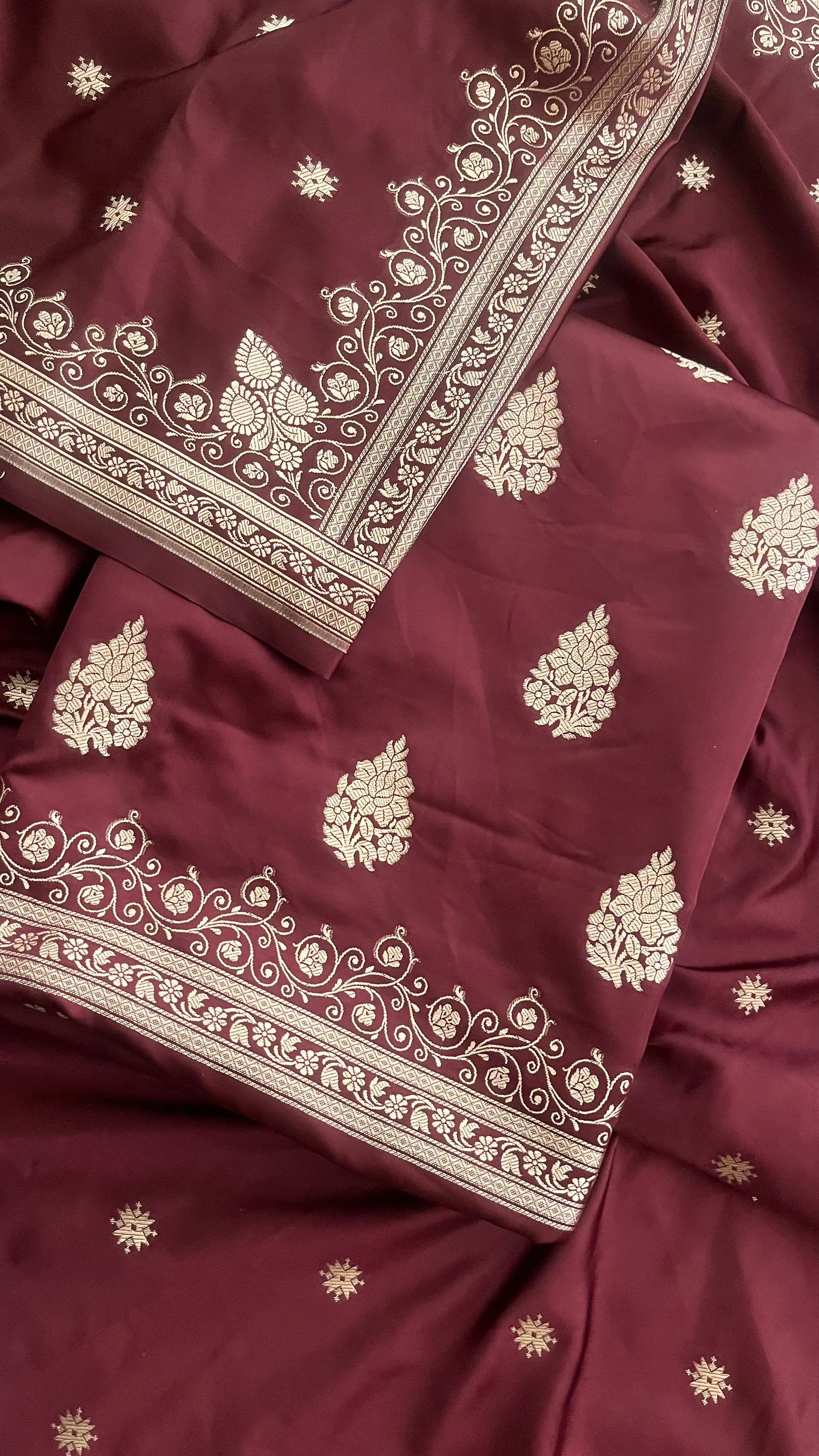 WOMEN'S MAROON BANARASI WEAVING UNSTITCHED SUIT SET