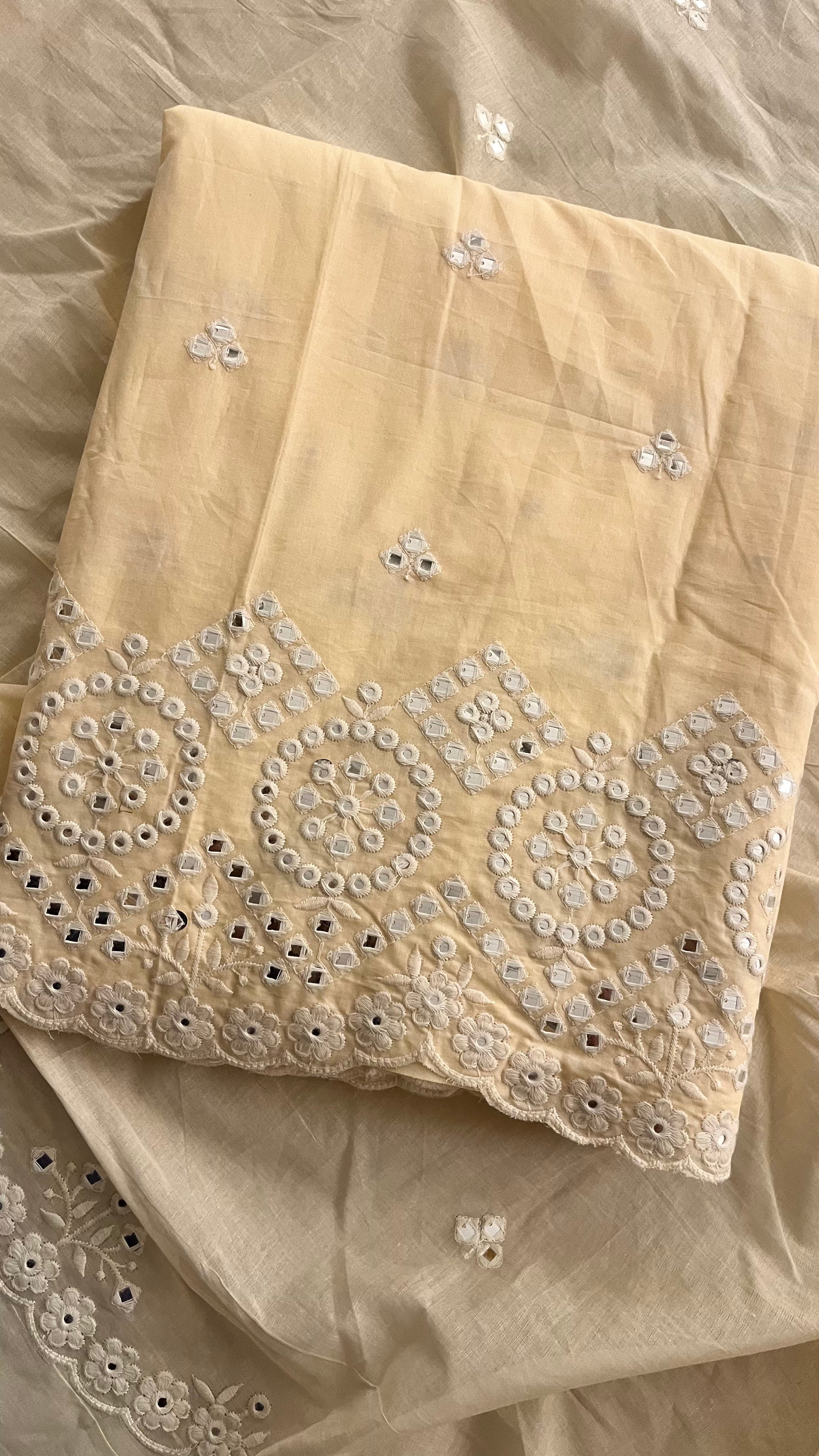 WOMEN'S CREAM COTTON MIRROR WORK EMBROIDERED UNSTITCHED SUIT SET