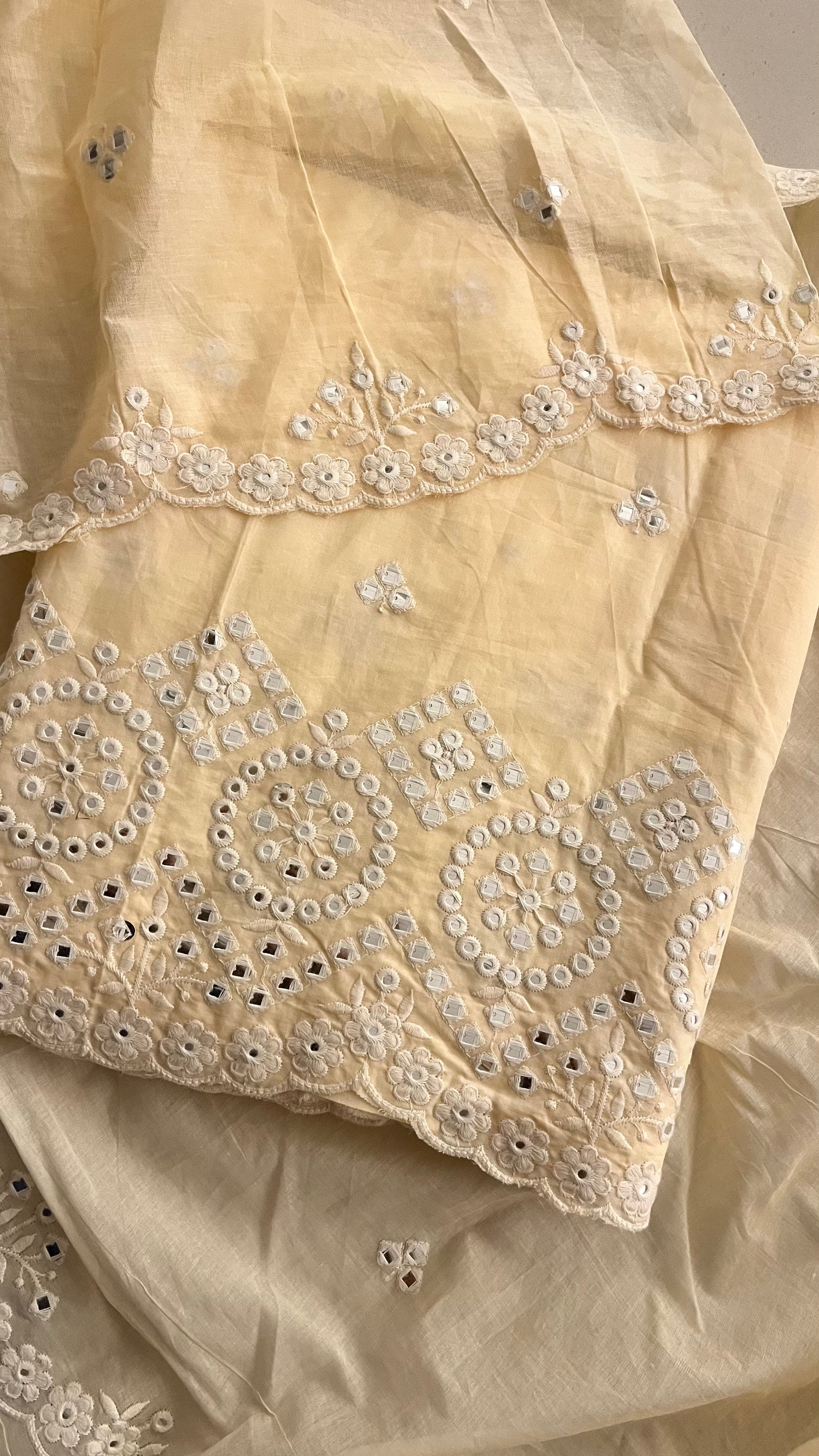 WOMEN'S CREAM COTTON MIRROR WORK EMBROIDERED UNSTITCHED SUIT SET