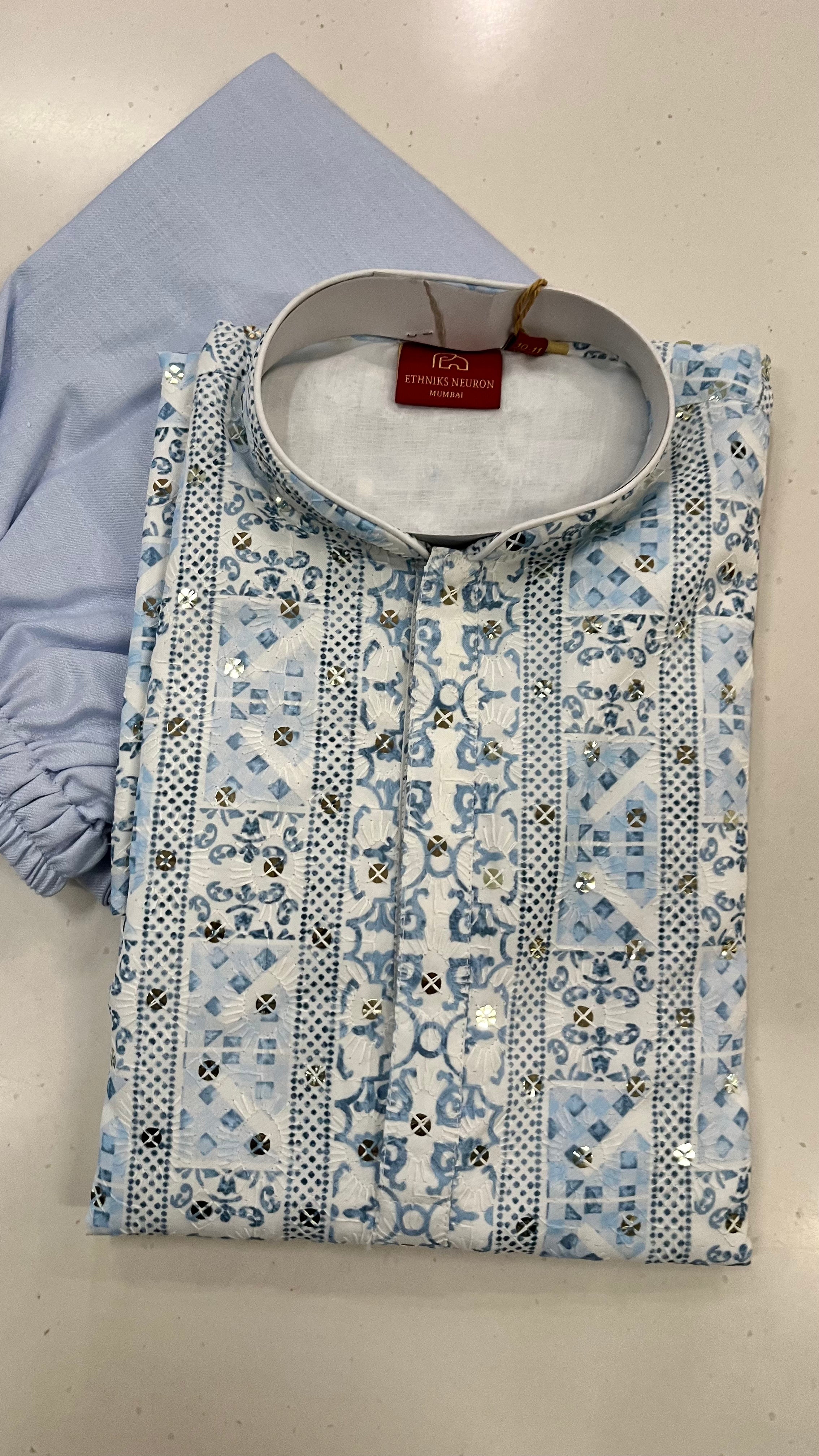KIDS COTTON BLEND SKY BLUE PRINTED ETHNIC KURTA PAJAMA SET