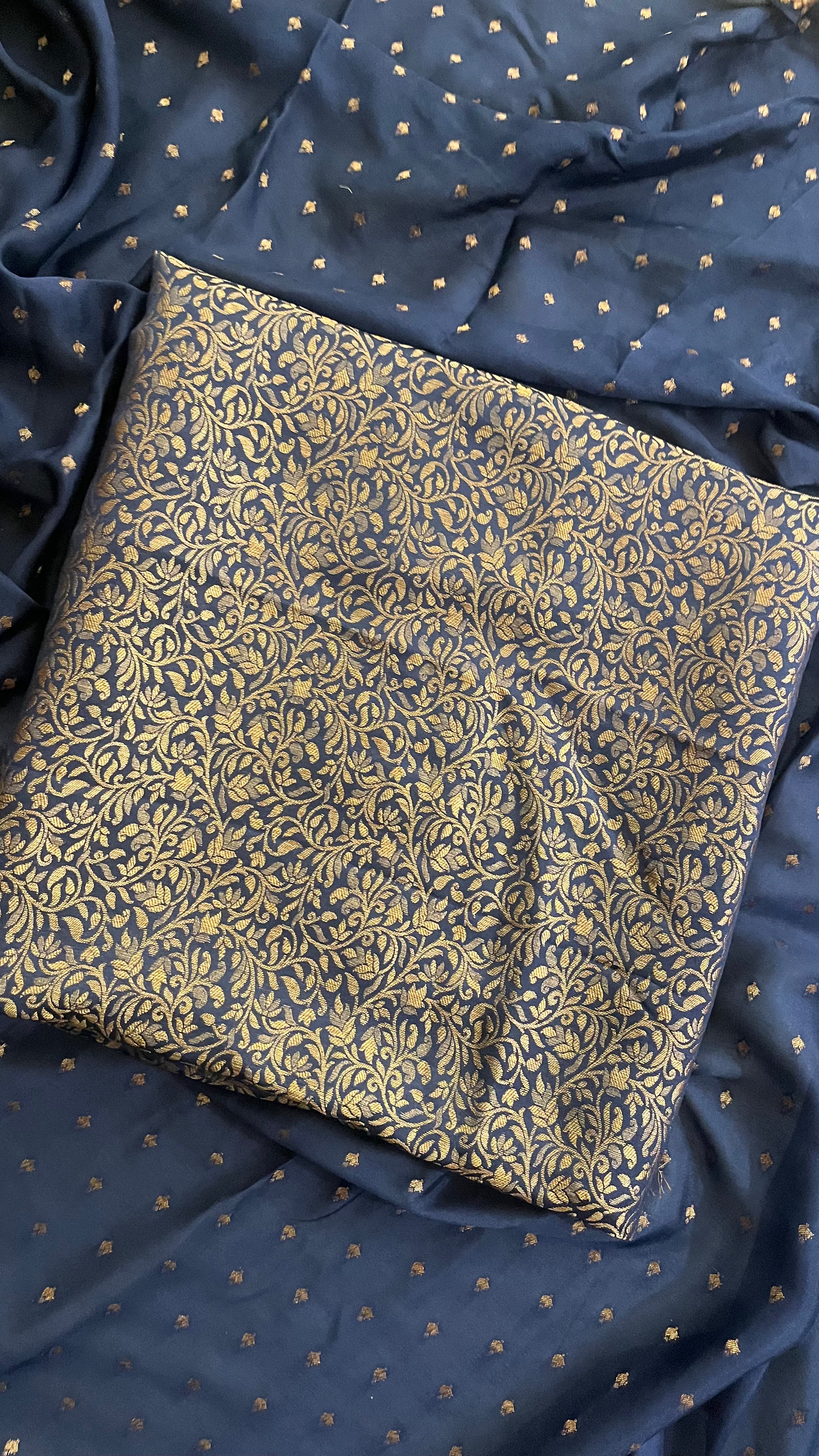 NAVY BLUE WOVEN UNSTITCHED SUIT SET WITH ELEGANT DUPATTA