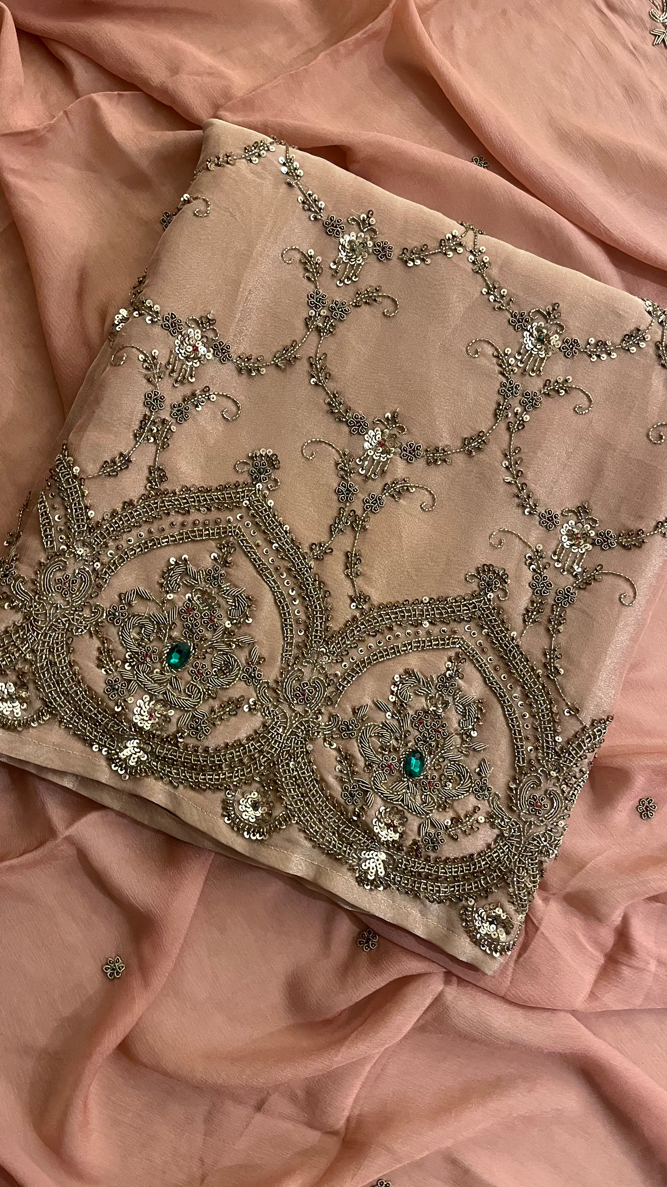 PEACH HEAVY EMBROIDERED UNSTITCHED SUIT SET WITH ORGANZA DUPATTA
