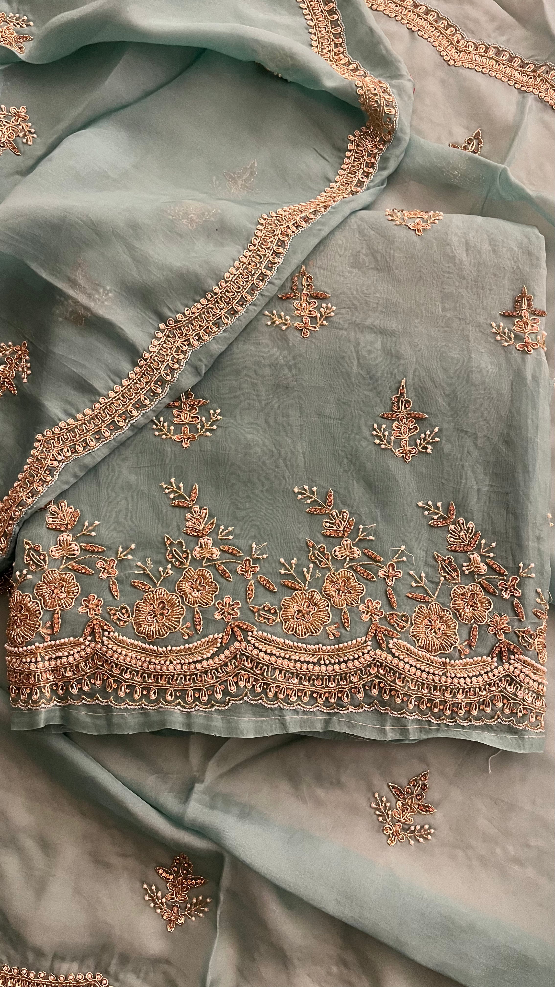 SEA GREEN EMBROIDERED UNSTITCHED SUIT SET WITH DESIGNER DUPATTA