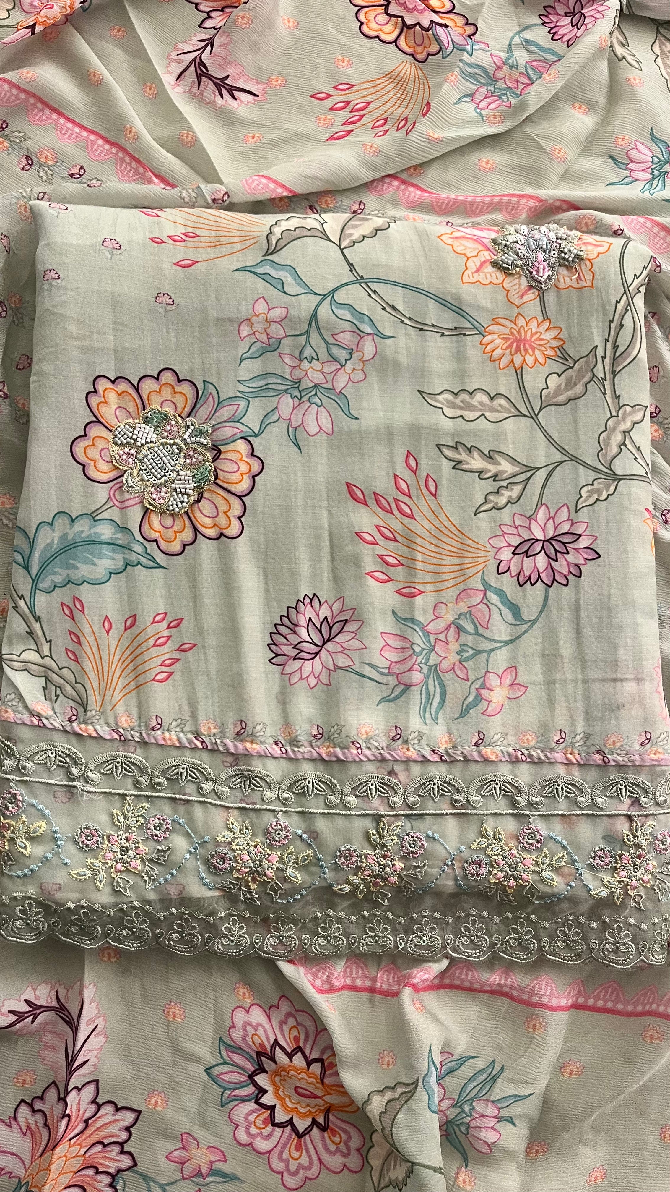 PASTEL FLORAL PRINT UNSTITCHED SUIT SET WITH LACE WORK DUPATTA