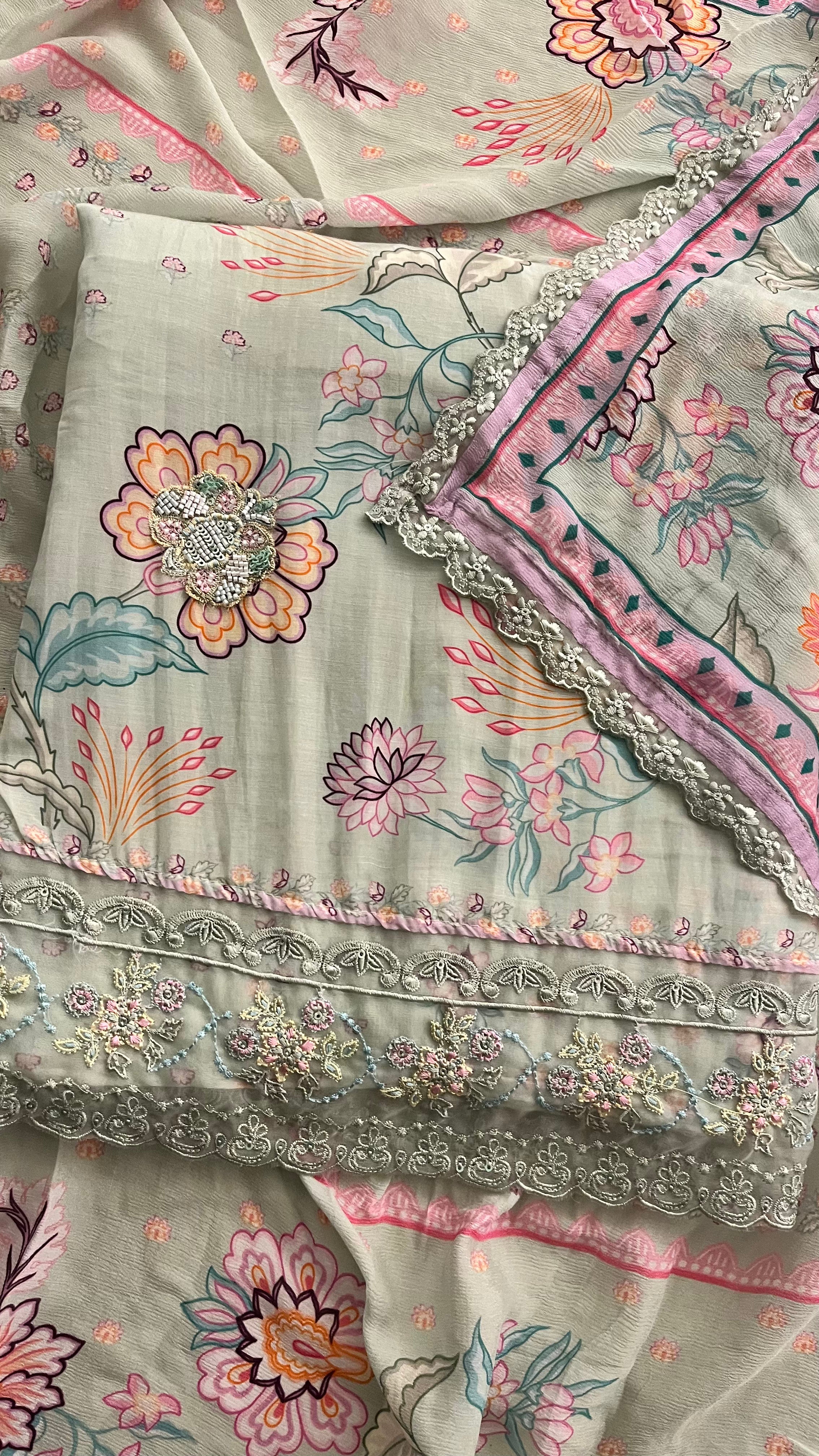 PASTEL FLORAL PRINT UNSTITCHED SUIT SET WITH LACE WORK DUPATTA