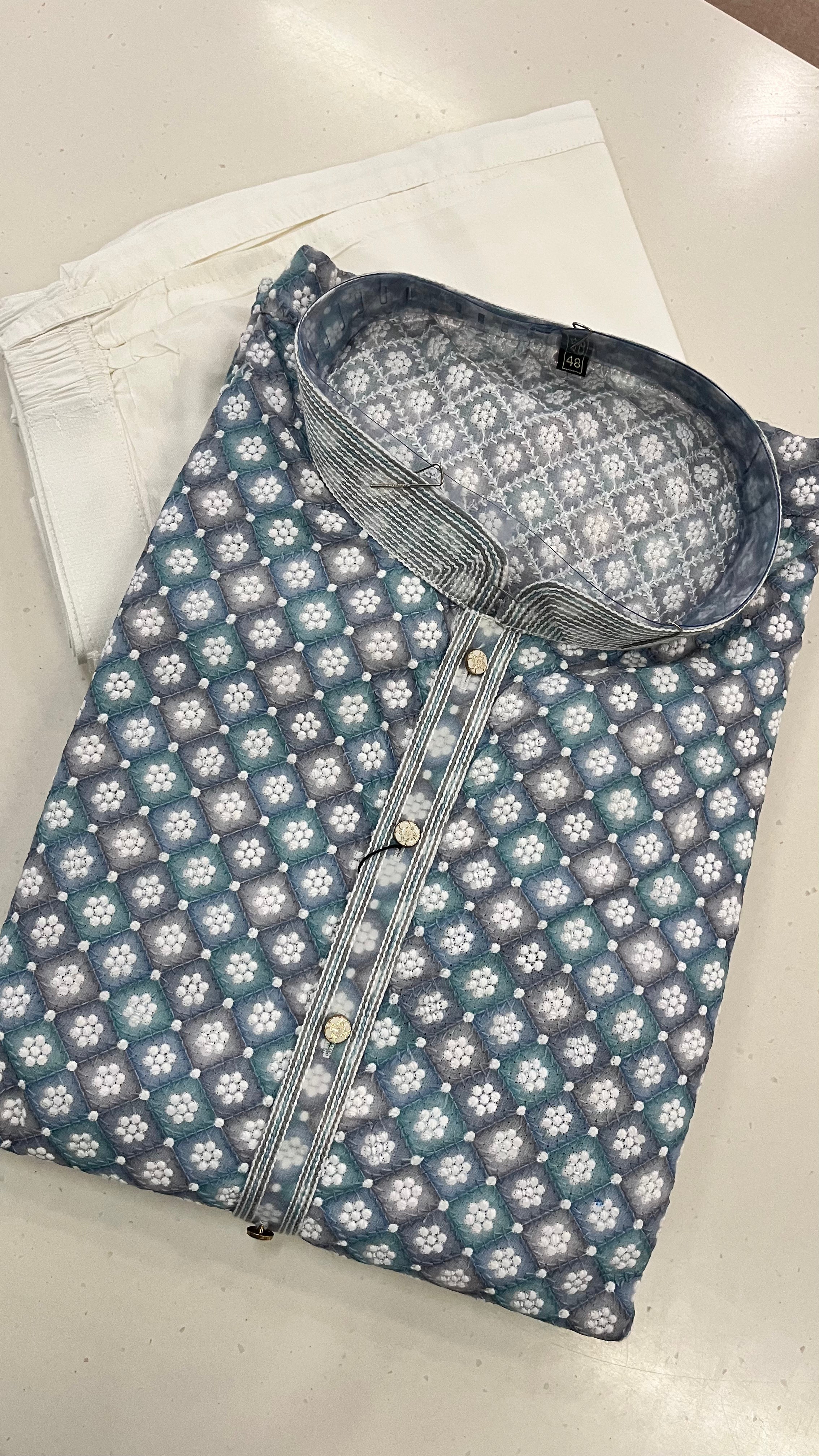 MEN'S BLUE GREY EMBROIDERED COTTON BLEND KURTA PAJAMA SET