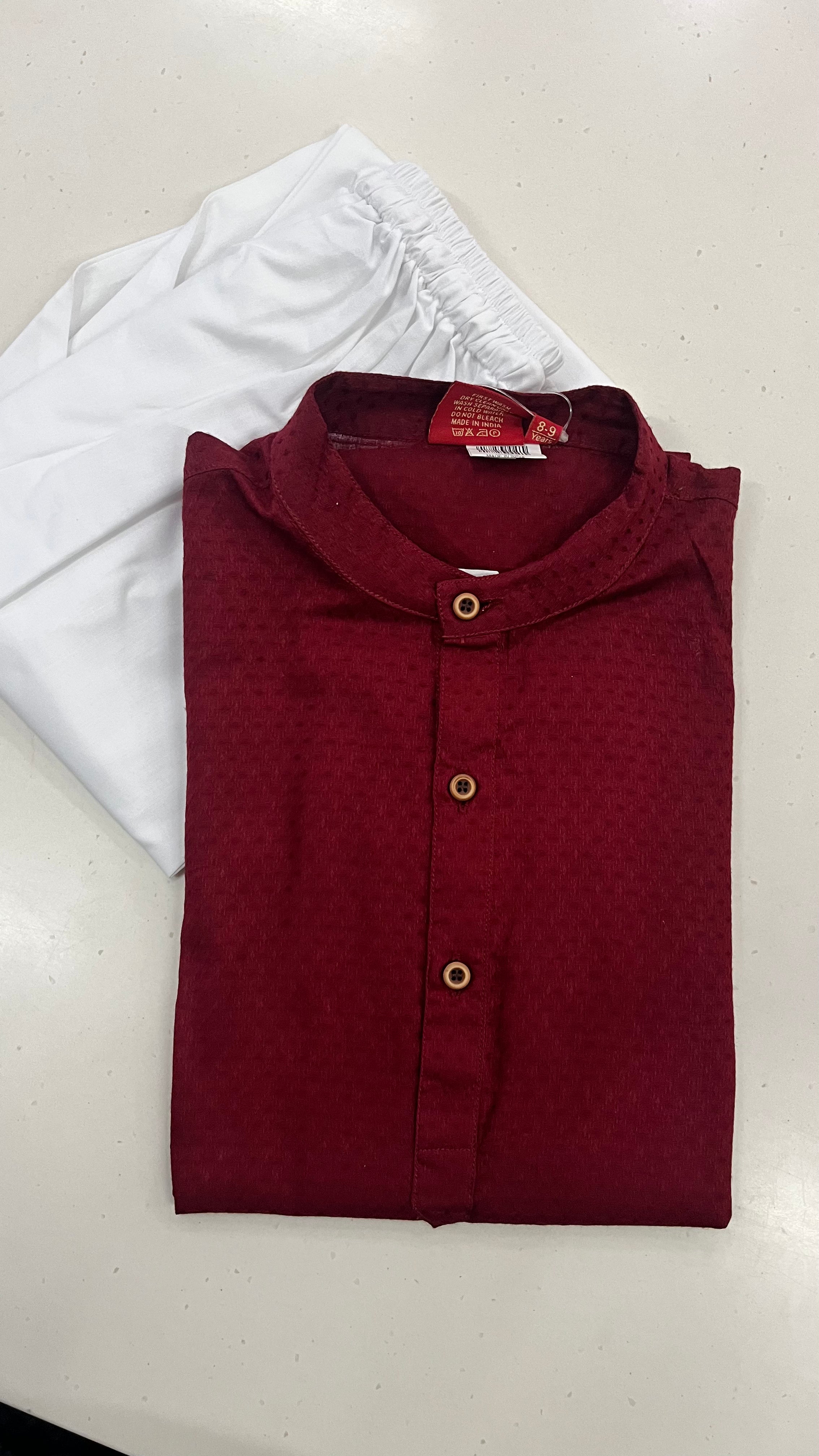 KIDS MAROON COTTON BLEND KURTA PAJAMA SET