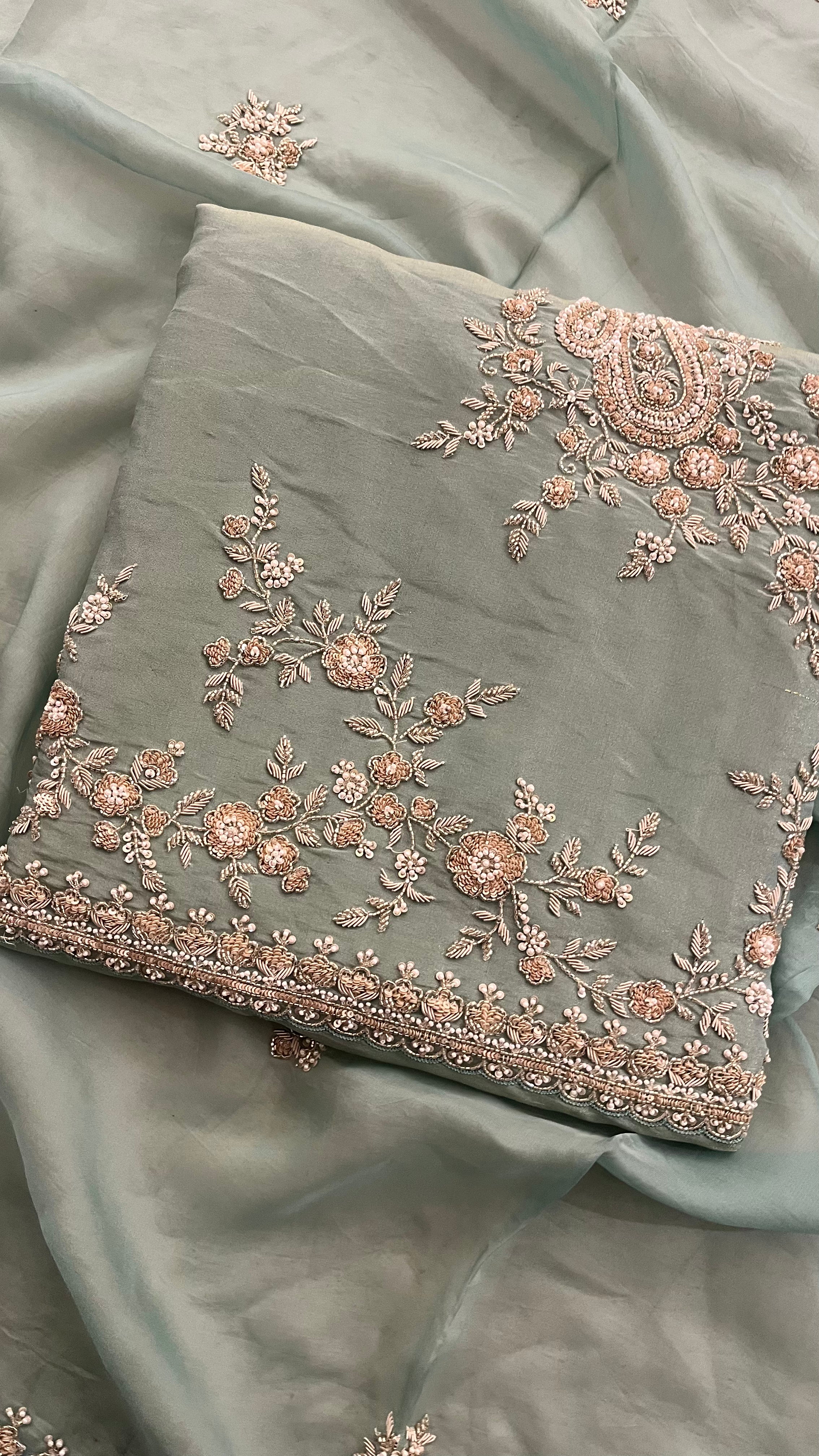 SAGE GREEN HEAVY EMBROIDERED ORGANZA UNSTITCHED SUIT