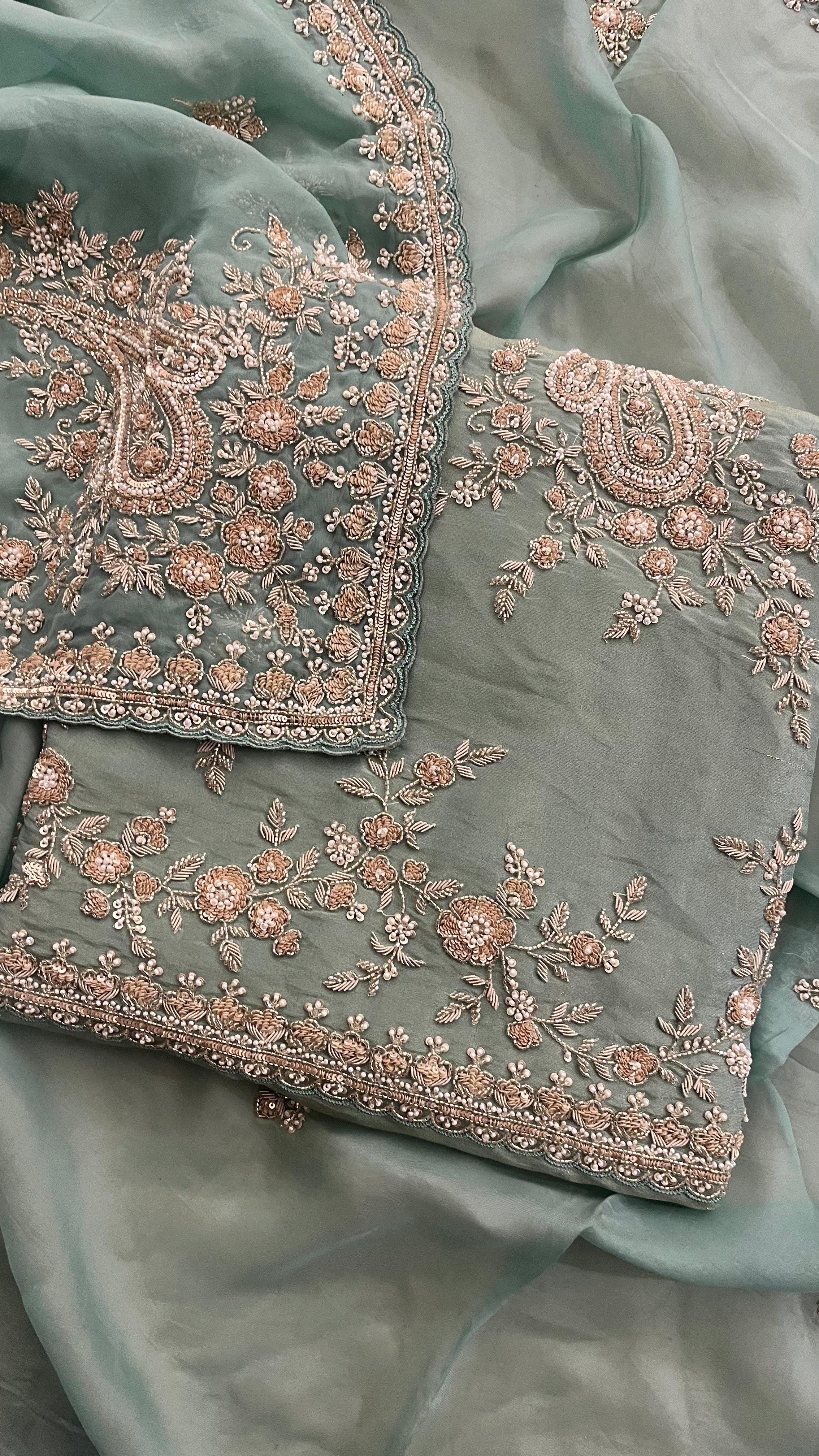 SAGE GREEN HEAVY EMBROIDERED ORGANZA UNSTITCHED SUIT