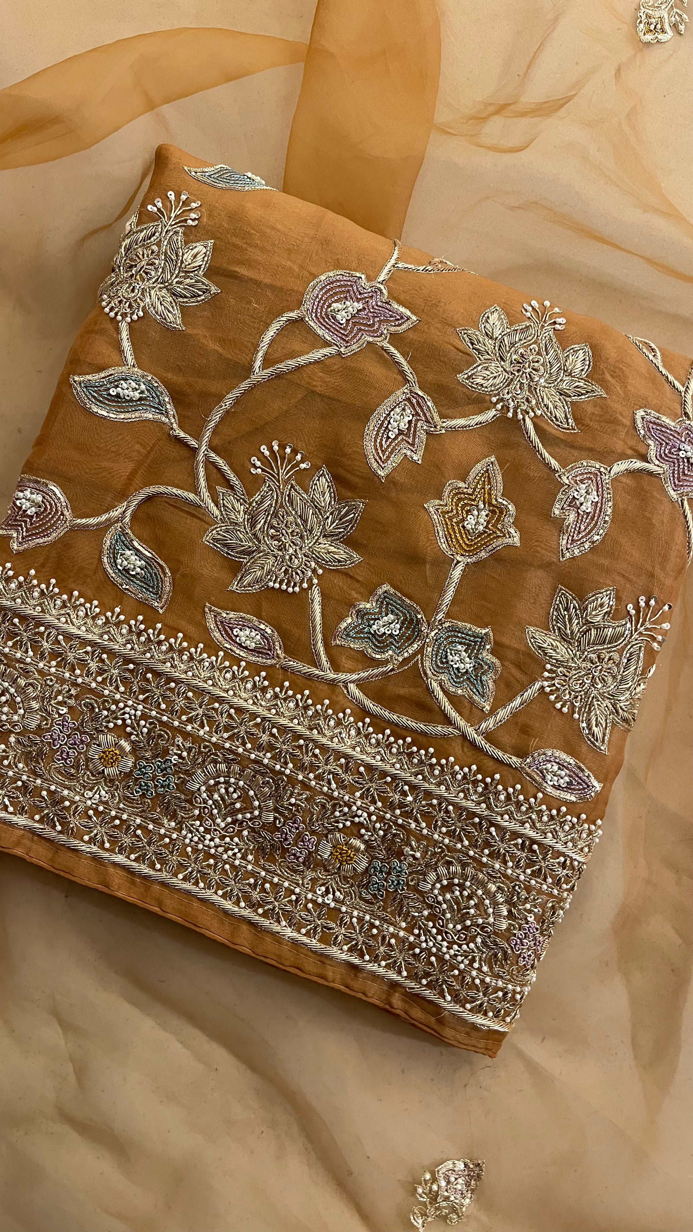 ORANGE HEAVY EMBROIDERED ORGANZA UNSTITCHED SUIT WITH DUPATTA