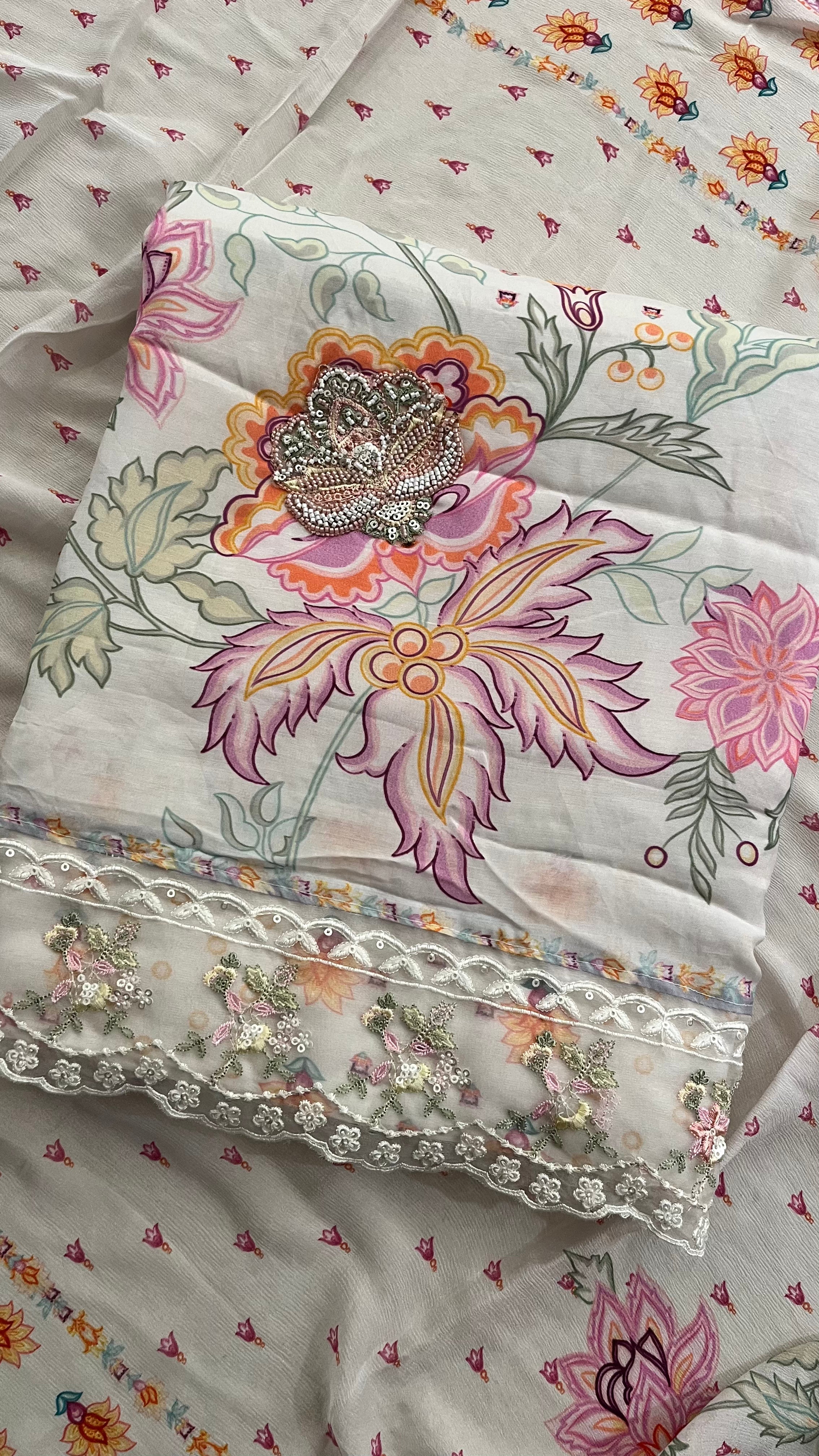 WHITE PASTEL FLORAL PRINTED UNSTITCHED SUIT WITH EMBROIDERED LACE