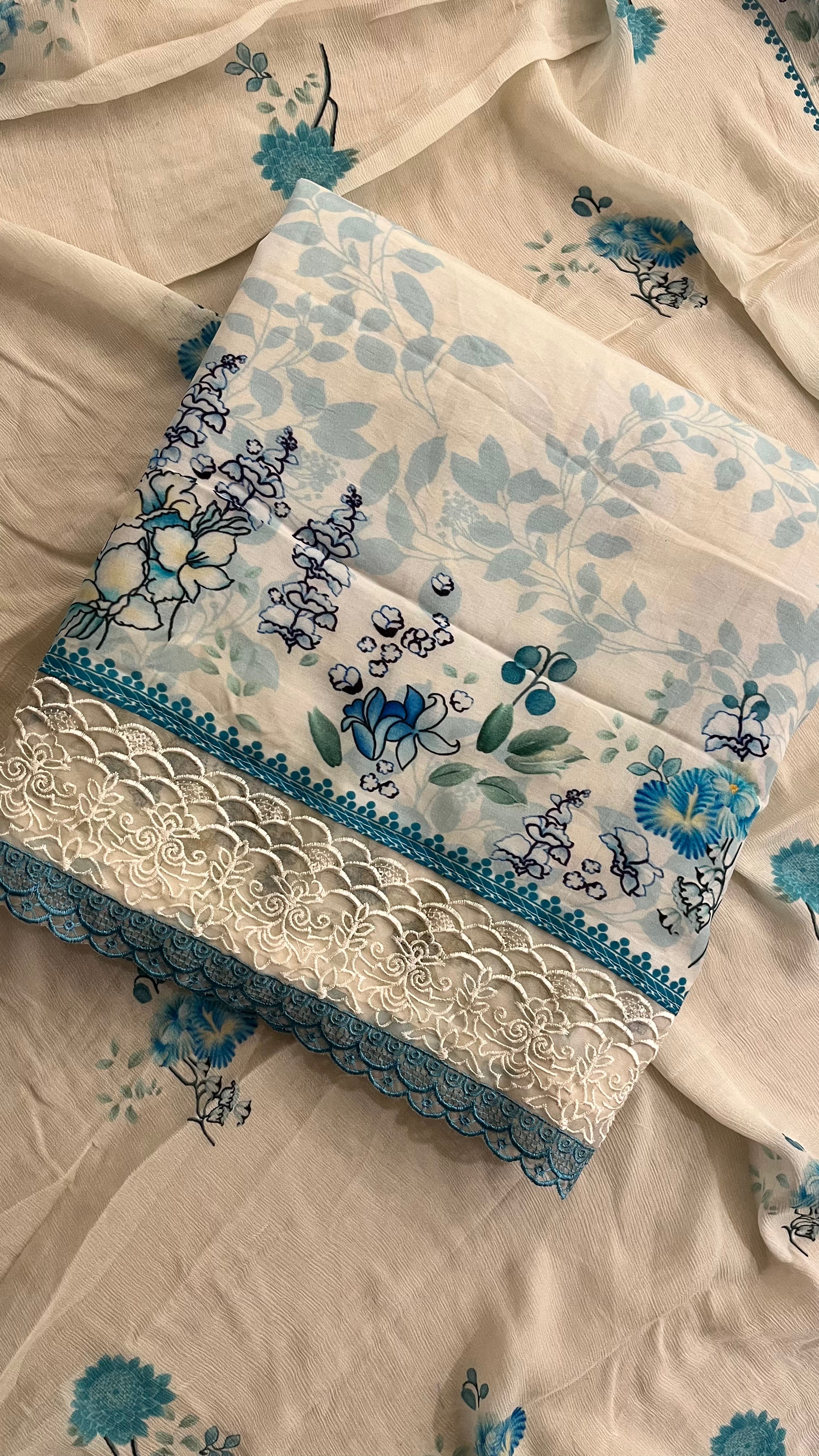 OFF WHITE BLUE FLORAL PRINTED UNSTITCHED SUIT WITH LACE WORK