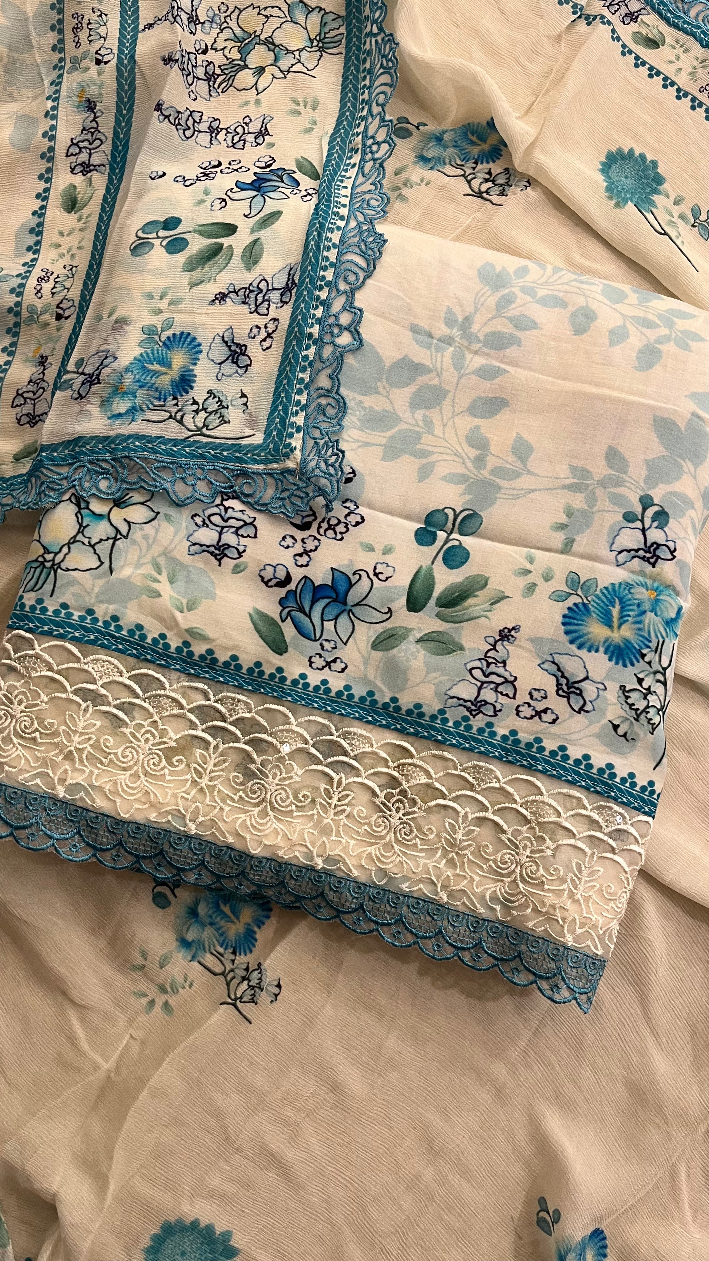 OFF WHITE BLUE FLORAL PRINTED UNSTITCHED SUIT WITH LACE WORK
