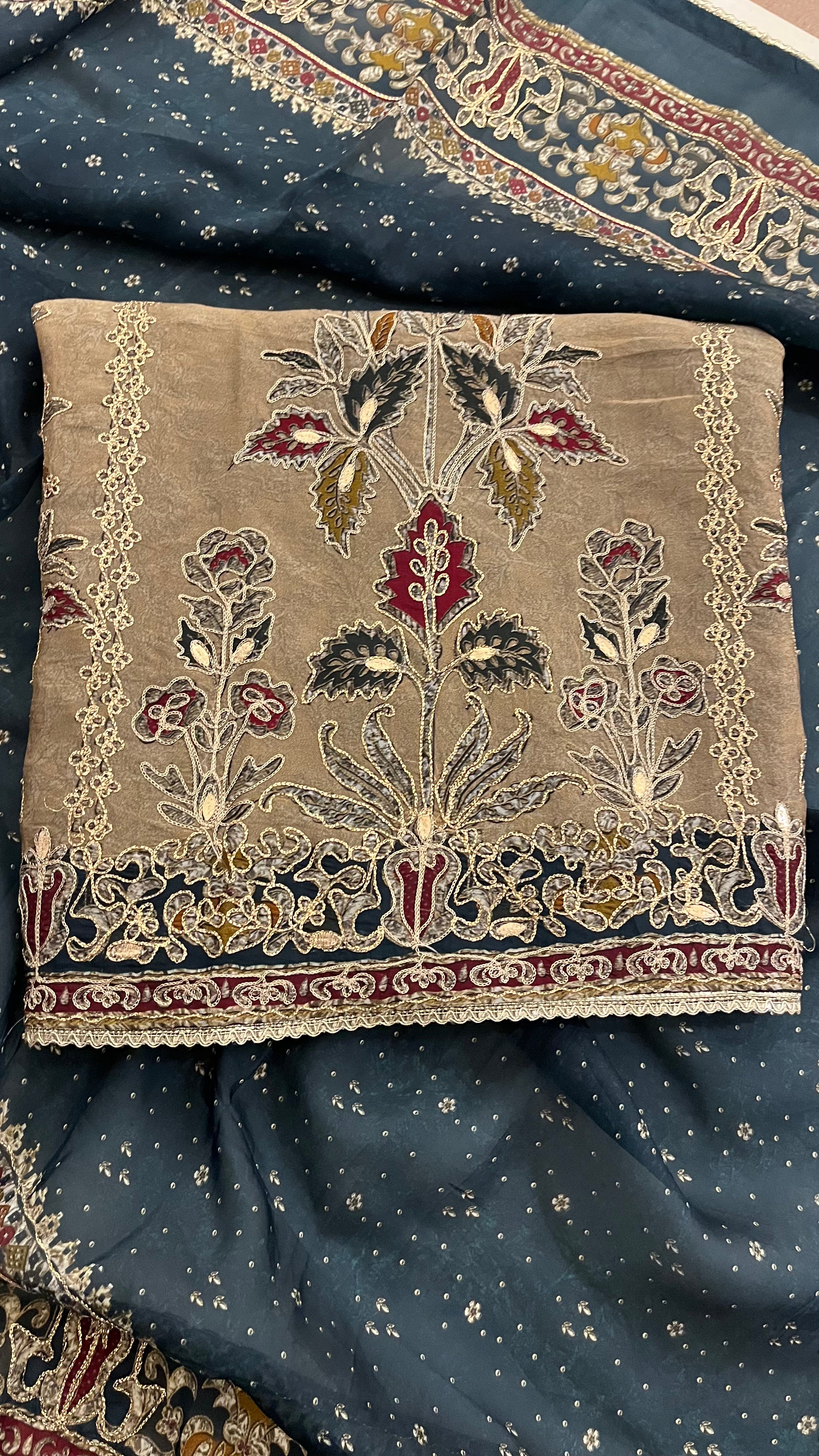 BEIGE EMBROIDERED UNSTITCHED SUIT WITH NAVY BLUE DUPATTA