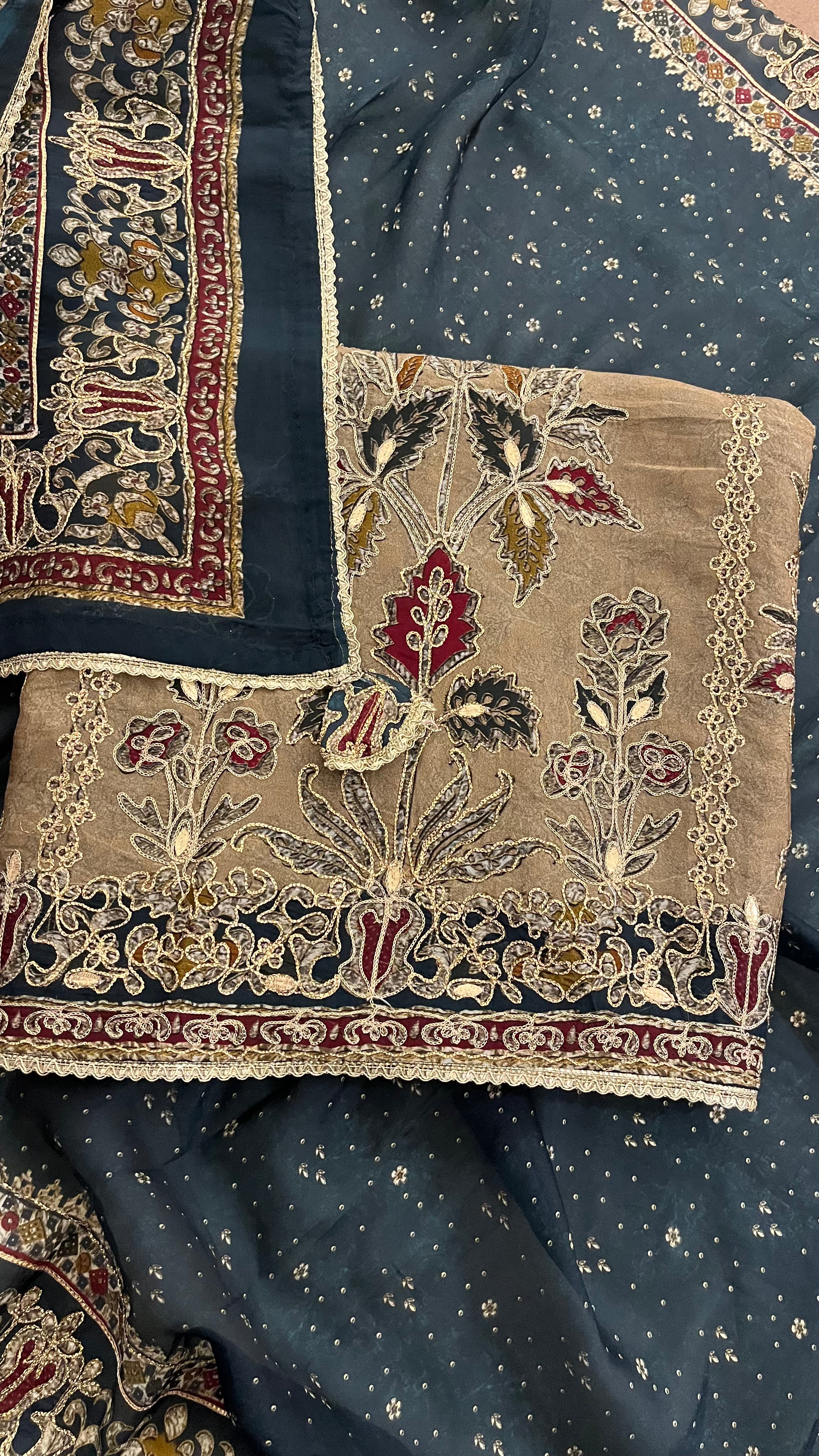 BEIGE EMBROIDERED UNSTITCHED SUIT WITH NAVY BLUE DUPATTA