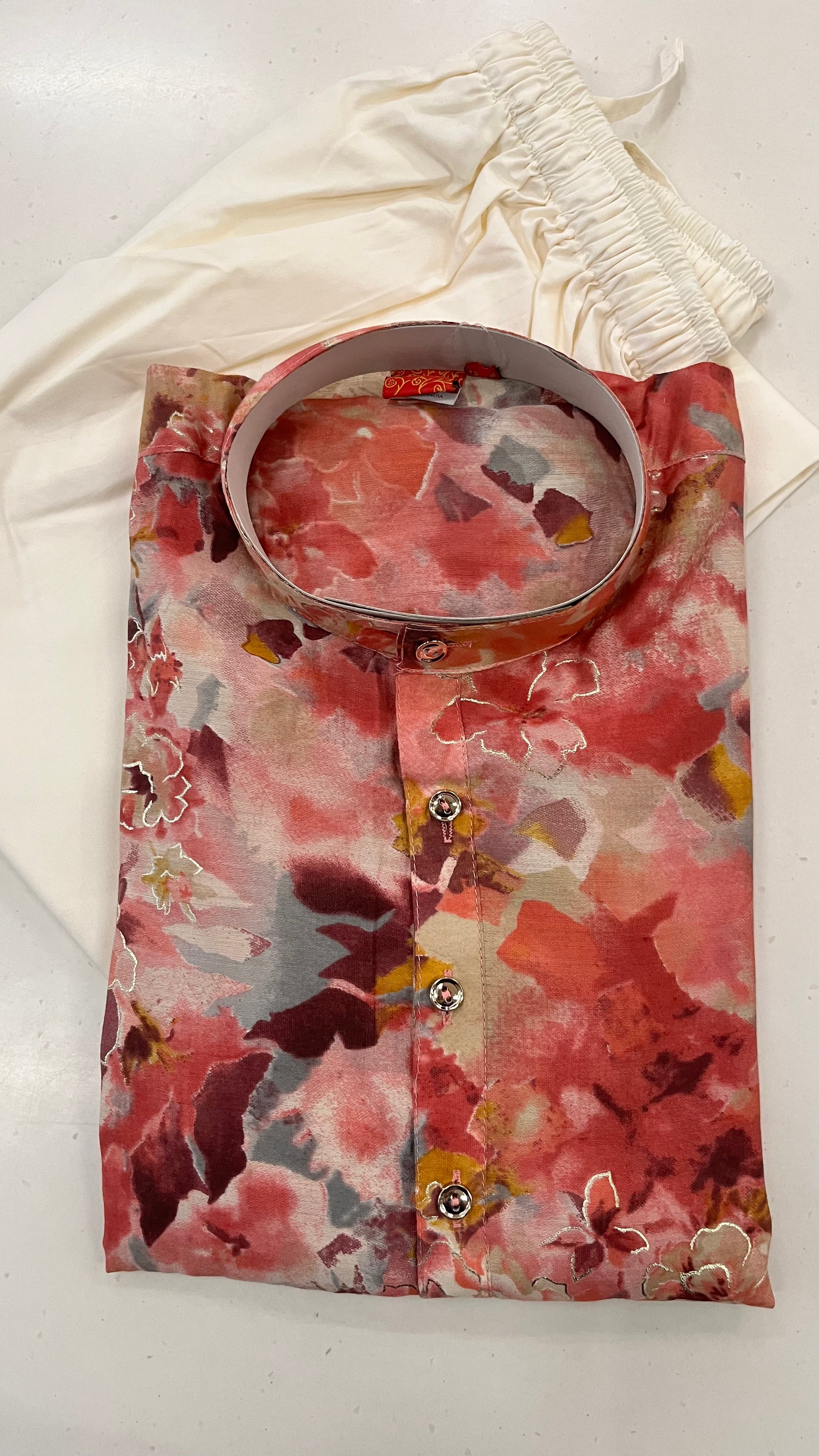 KIDS PINK FLORAL PRINT KURTA PAJAMA SET
