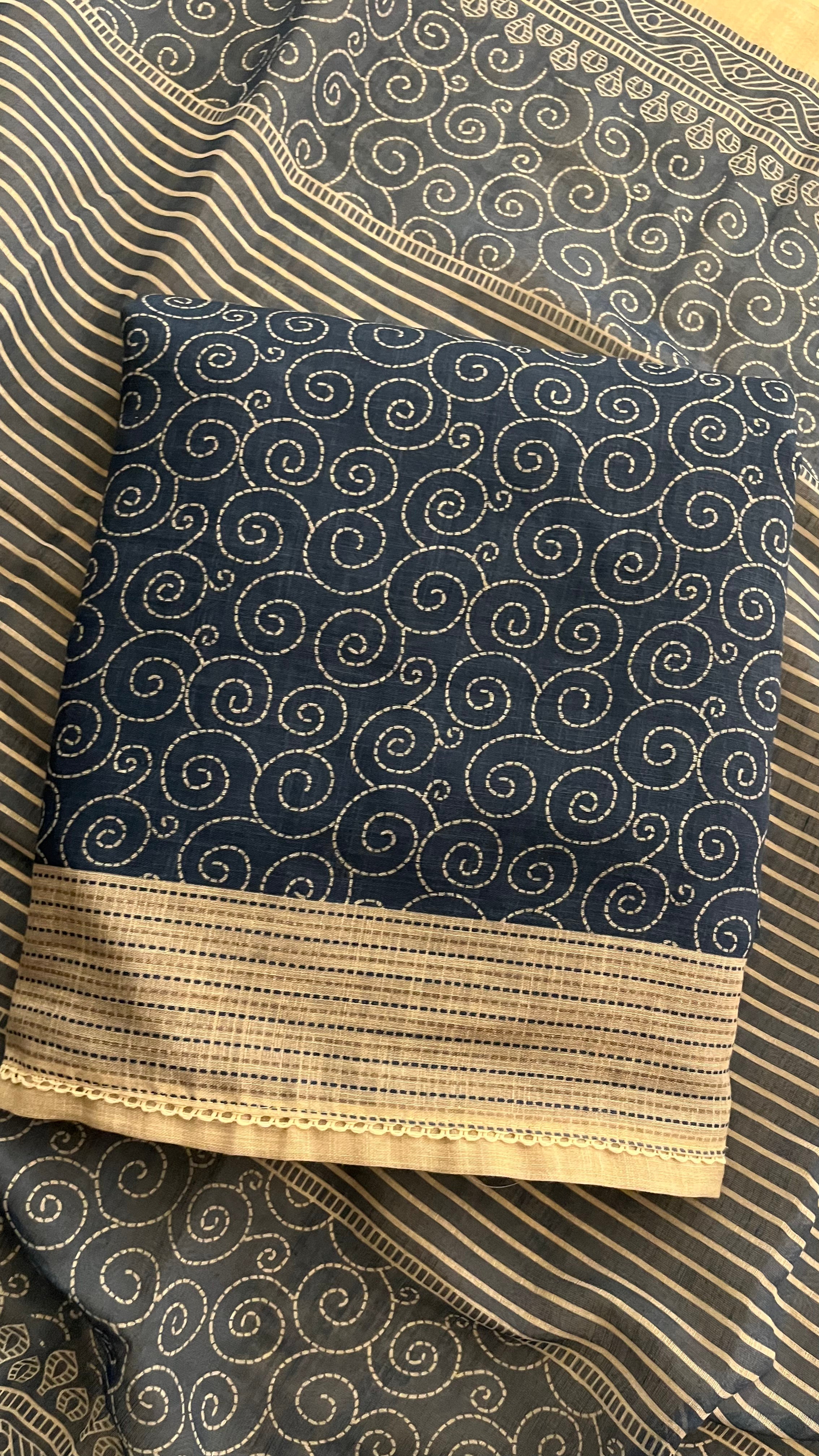 NAVY BLUE COTTON PRINTED UNSTITCHED SUIT SET
