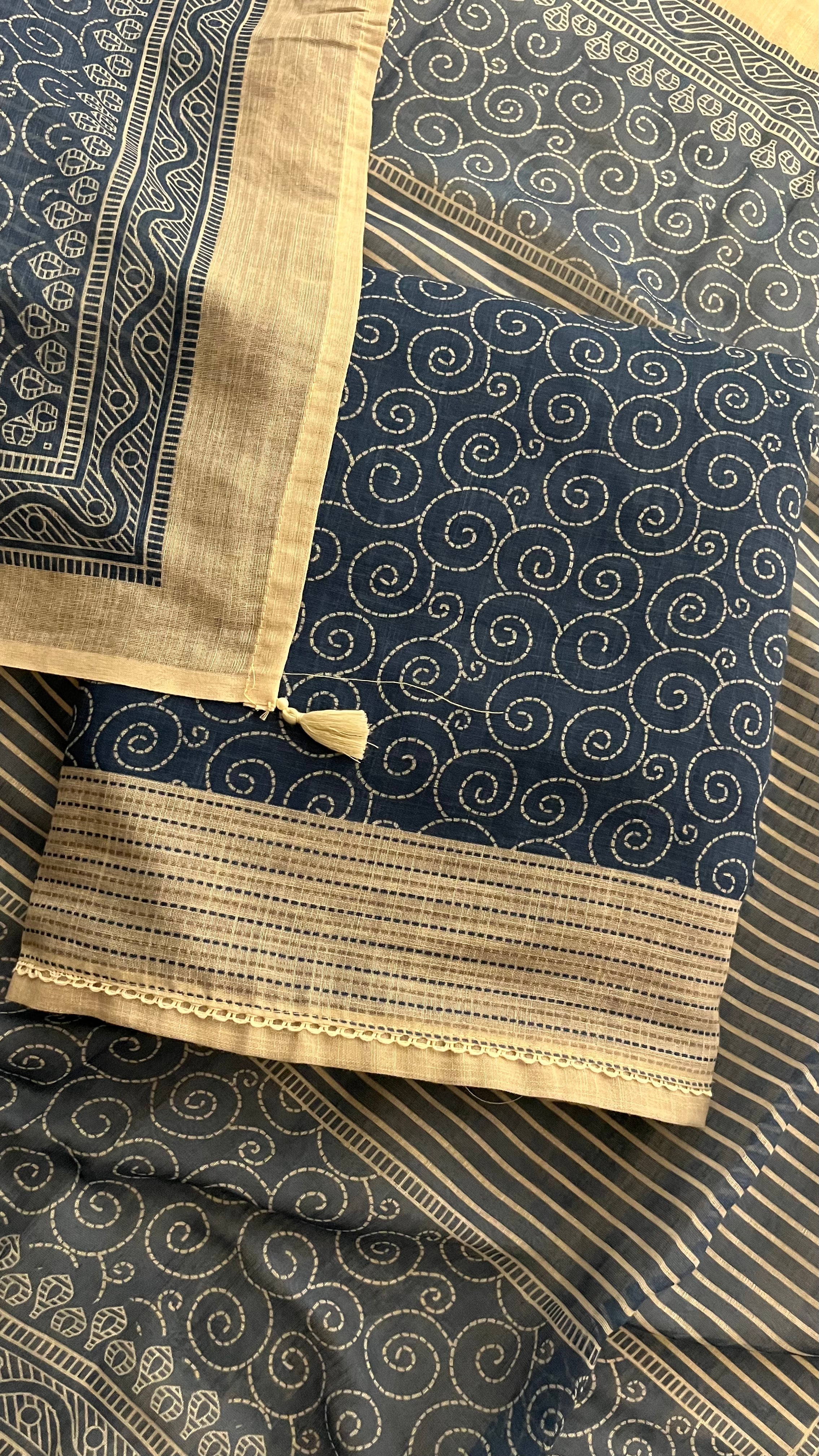 NAVY BLUE COTTON PRINTED UNSTITCHED SUIT SET