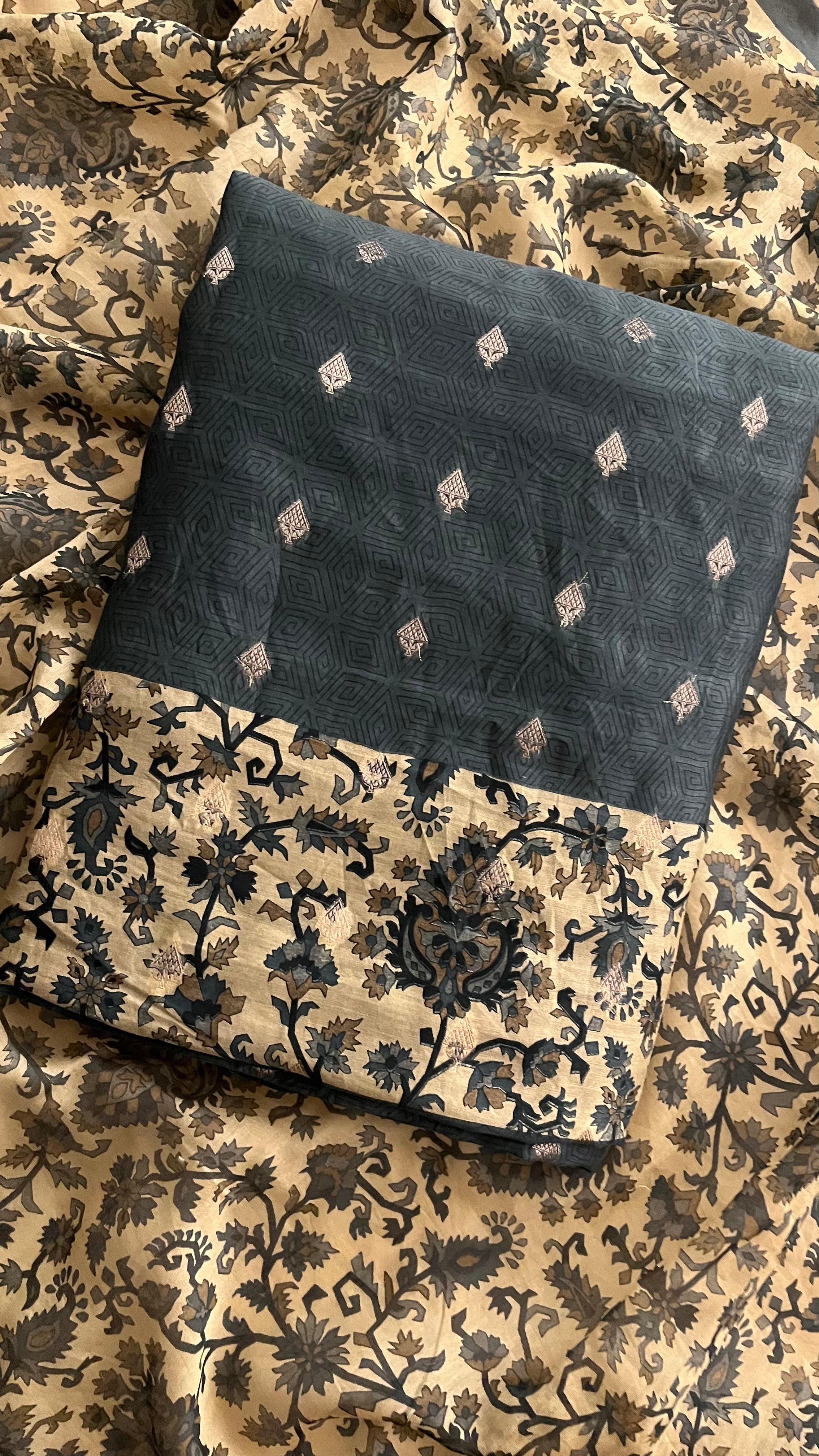BEIGE & TEAL FLORAL UNSTITCHED SUIT SET