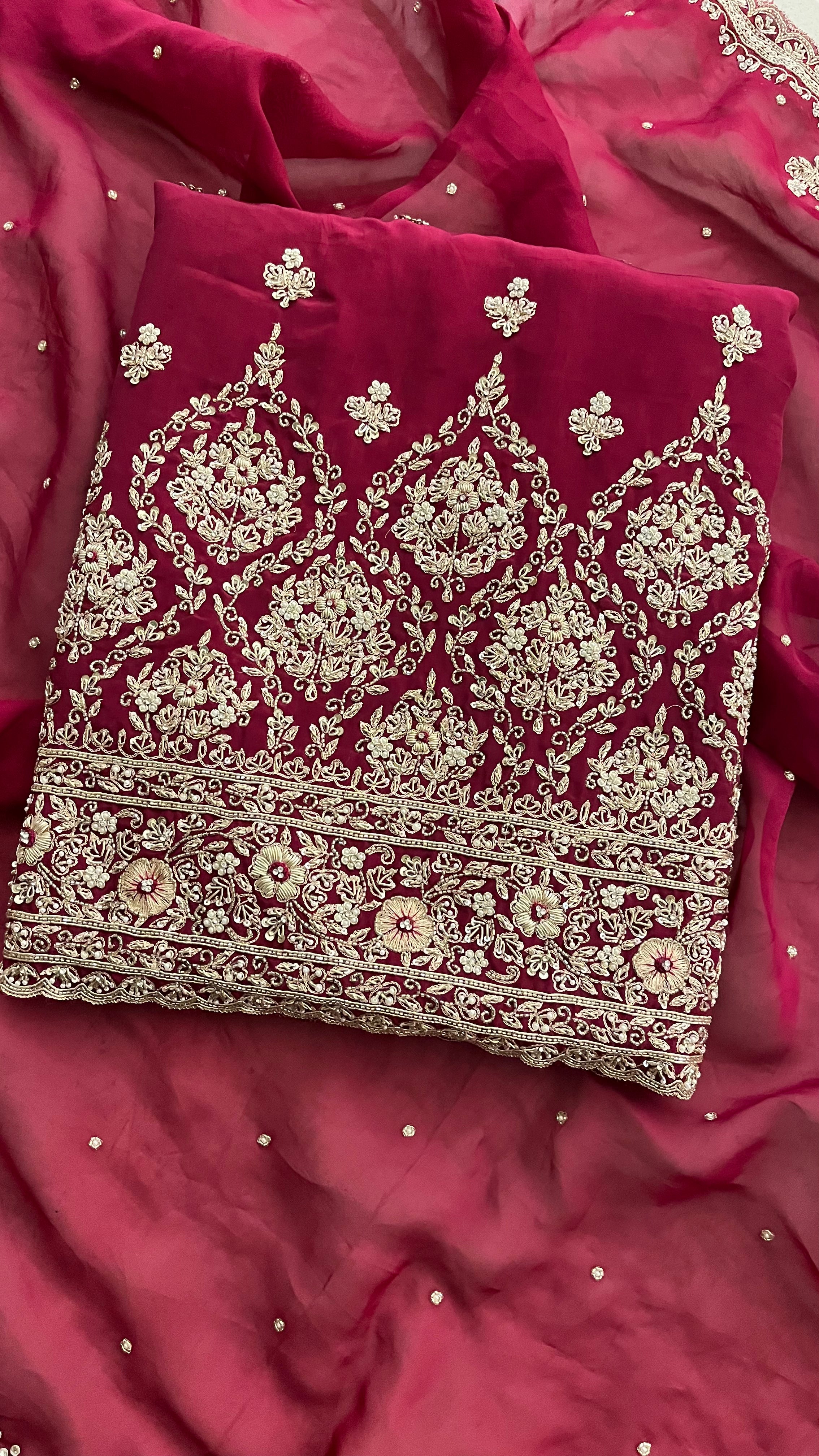 RED HEAVY EMBROIDERED UNSTITCHED SUIT SET