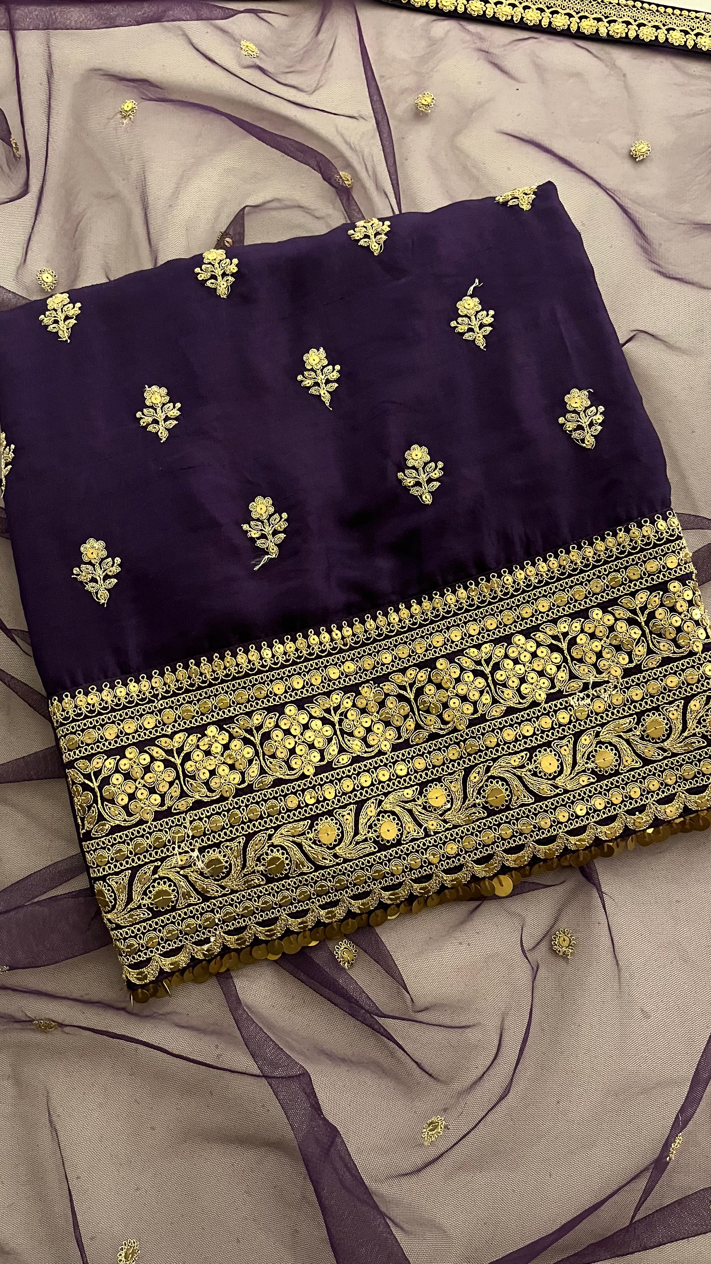 PURPLE EMBROIDERED UNSTITCHED SUIT SET