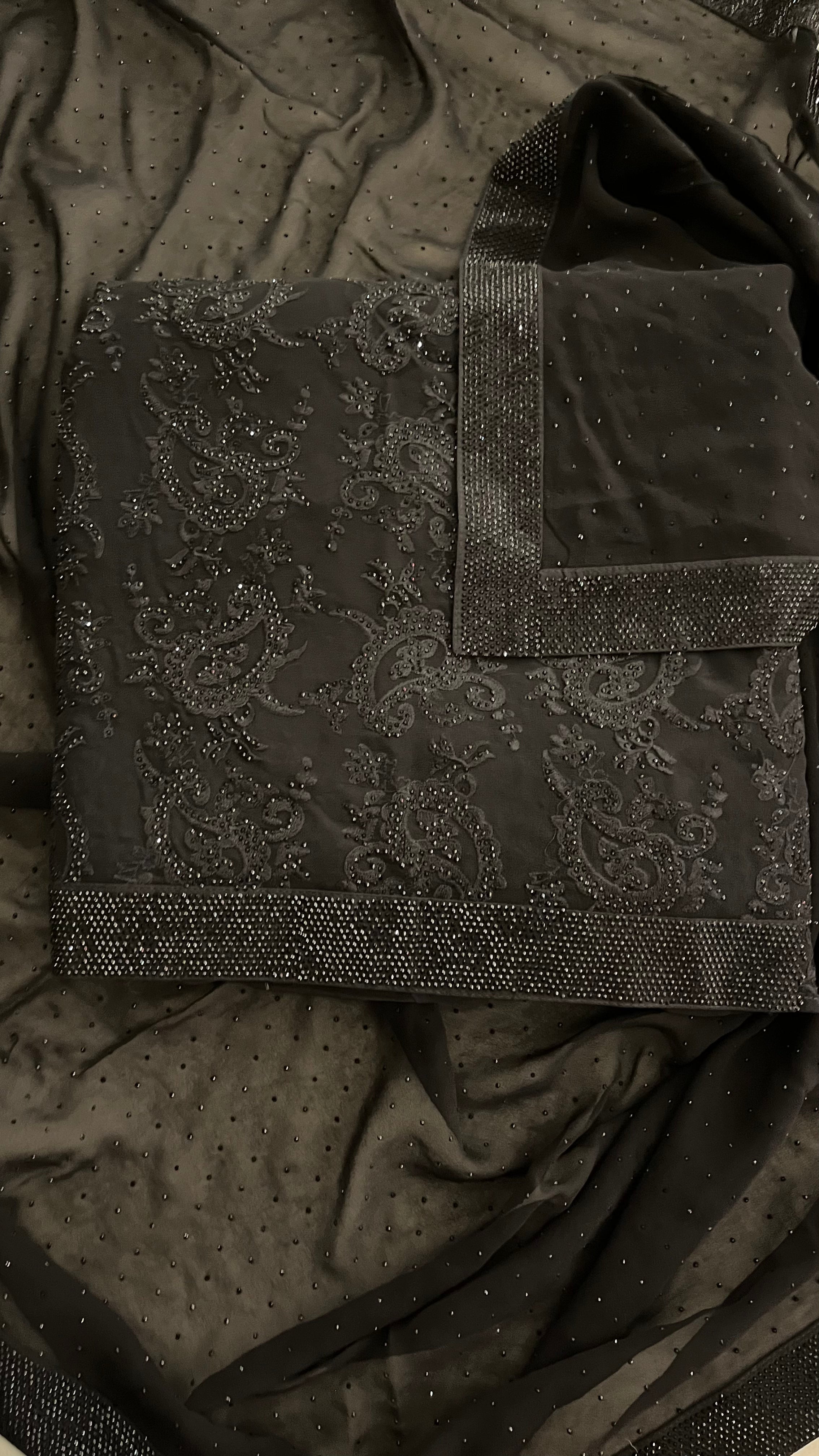 BLACK HEAVY EMBROIDERED UNSTITCHED SUIT SET
