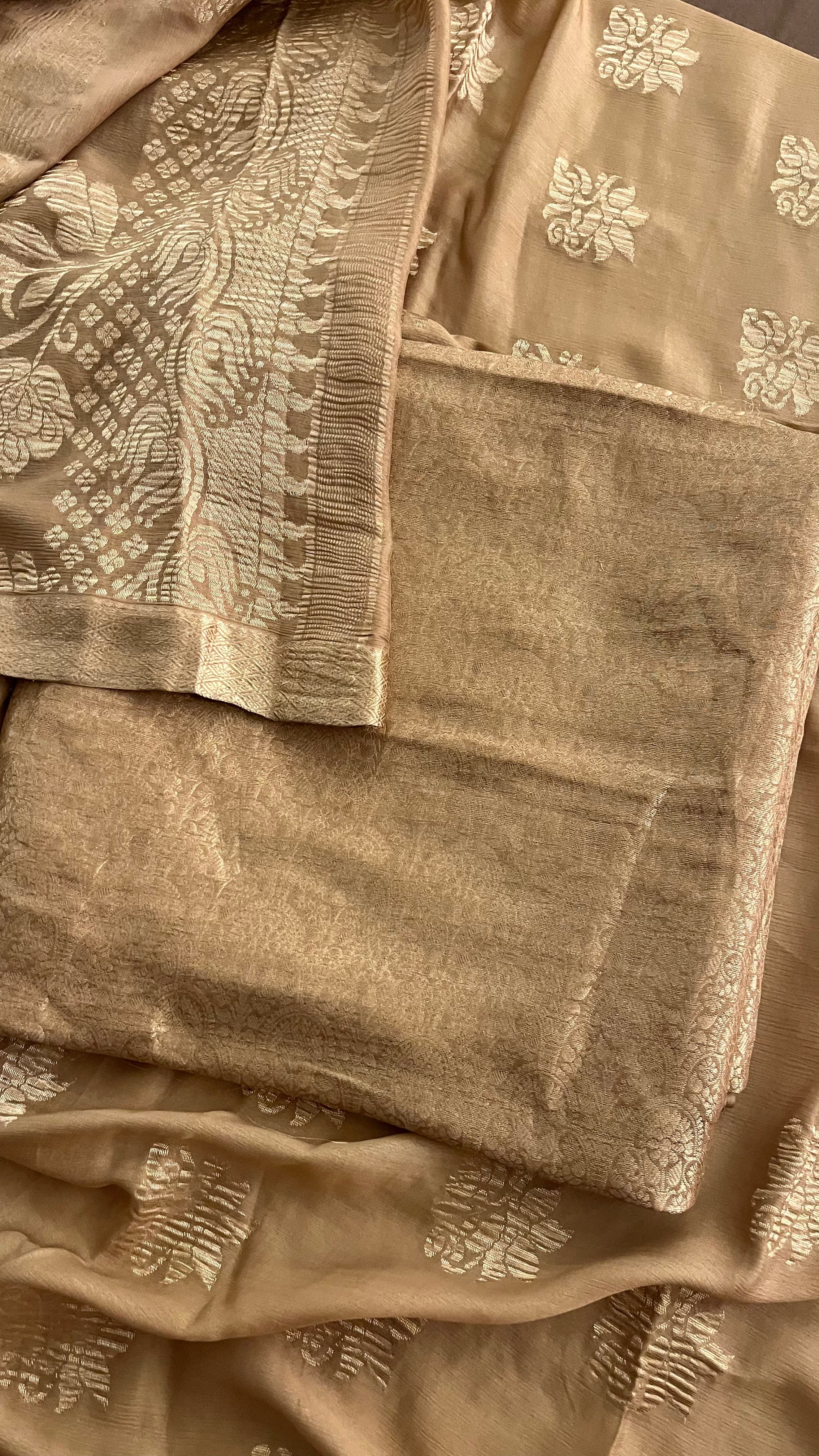 BEIGE BANARASI JACQUARD UNSTITCHED SUIT SET