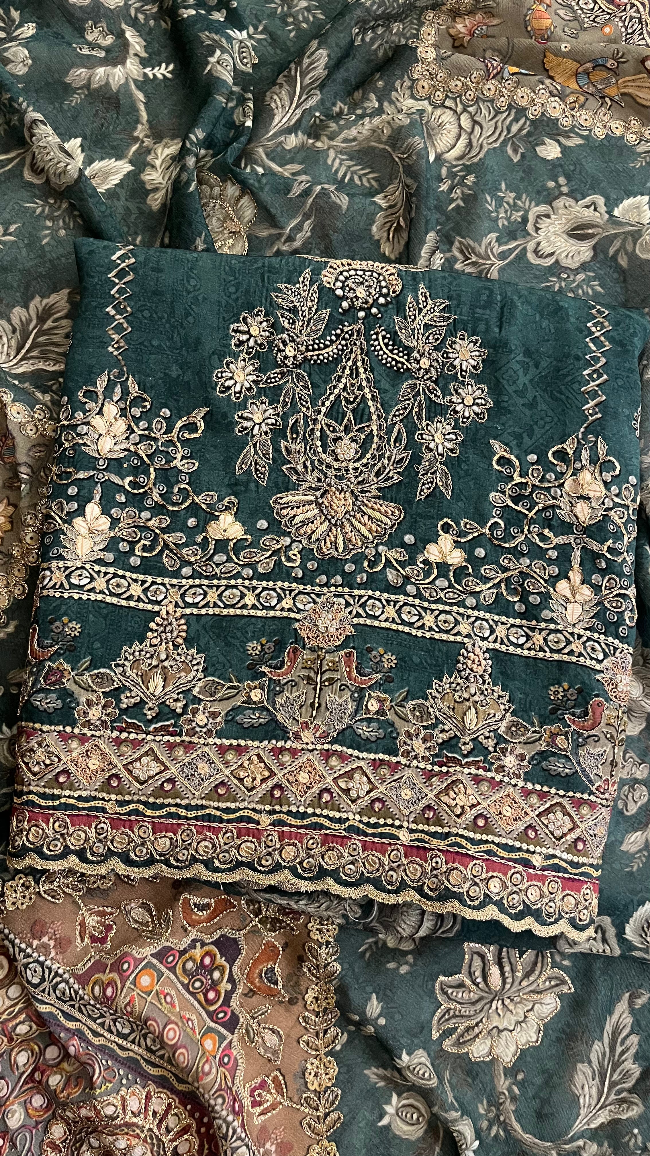 PREMIUM EMBROIDERED UNSTITCHED SUIT SET – TEAL GREEN