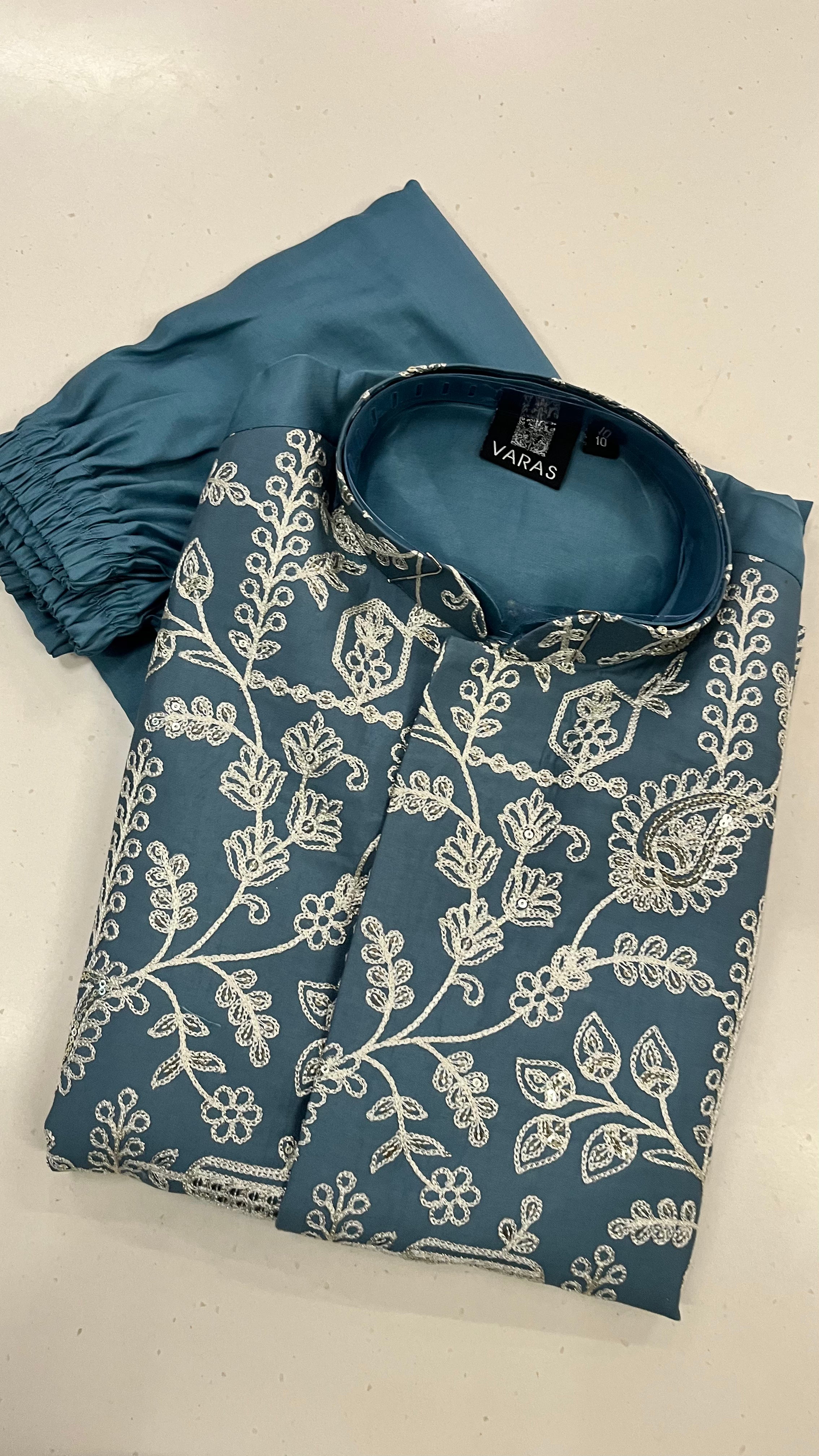 KIDS JACKET KURTA PAJAMA SET – STEEL BLUE