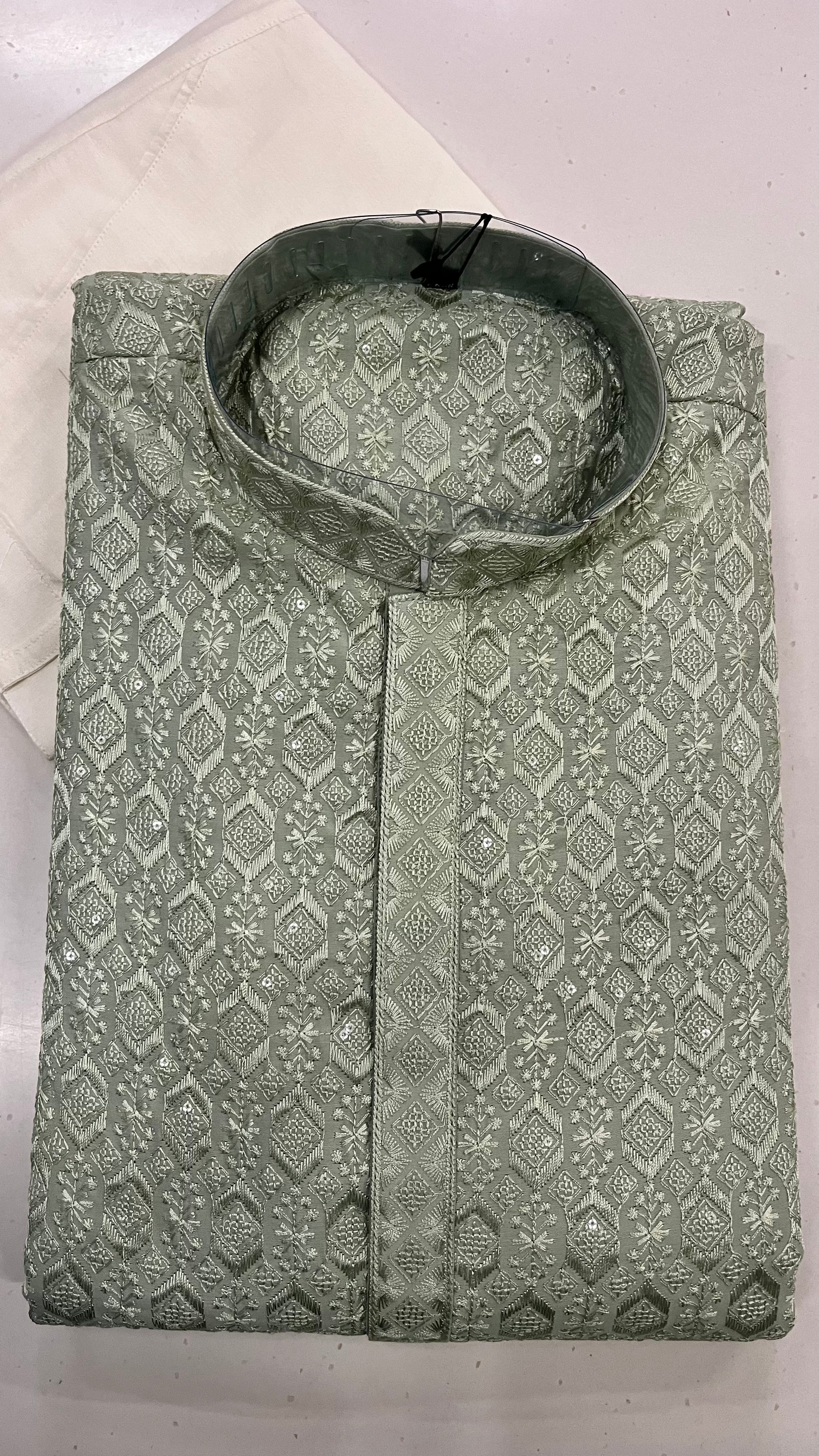 MEN'S JACQUARD KURTA PAJAMA SET – SAGE GREEN