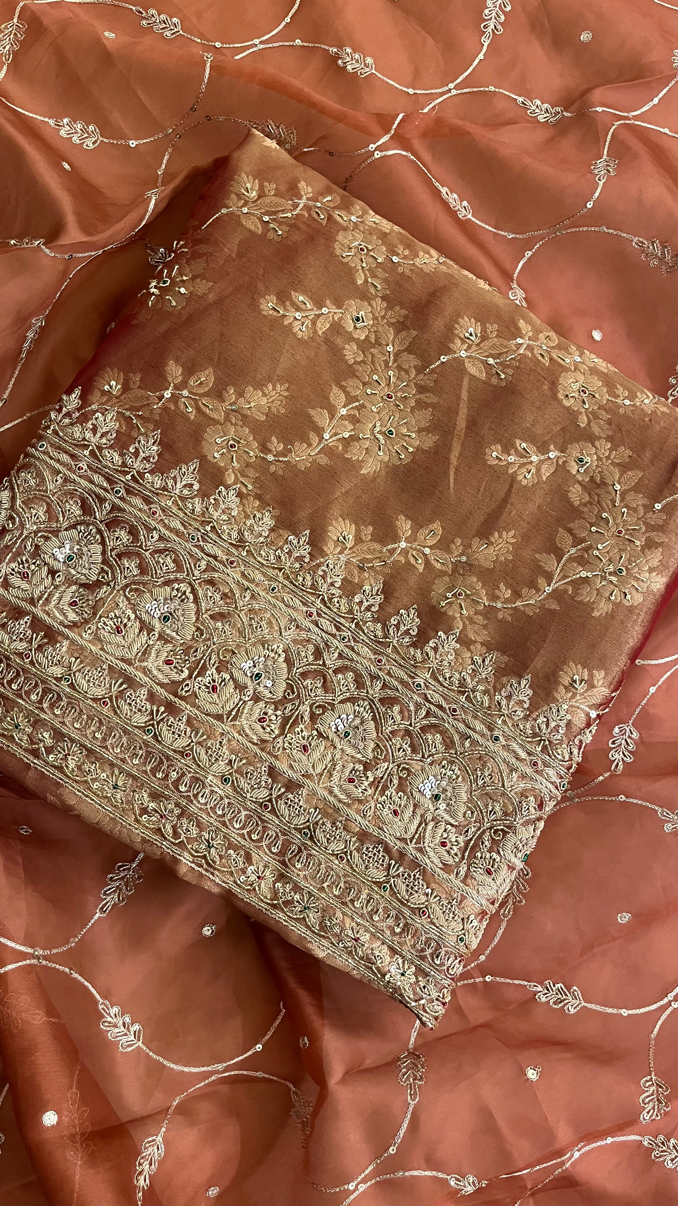 RUST BROWN ORGANZA EMBROIDERED UNSTITCHED SUIT