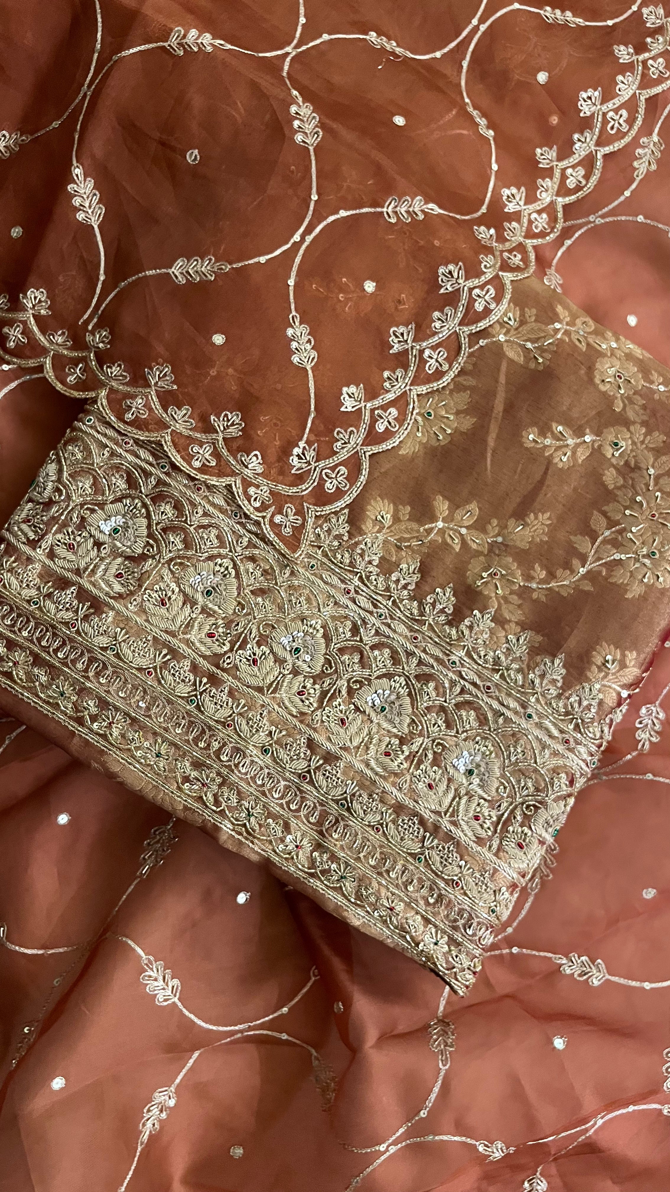 RUST BROWN ORGANZA EMBROIDERED UNSTITCHED SUIT